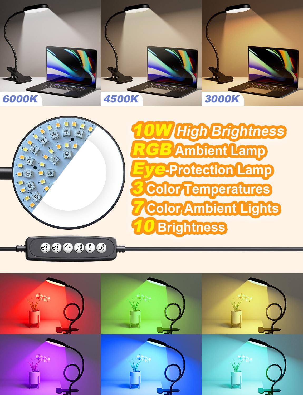 Reifeiniwei Desk Lamp with Clamp-10W,2-in-1 with RGB Ambient Light & Warm White Light,Book Reading Light Color Changeable/Flexible Gooseneck LED Lamps Clip on Bed Headboard and Computers 800LM-Black