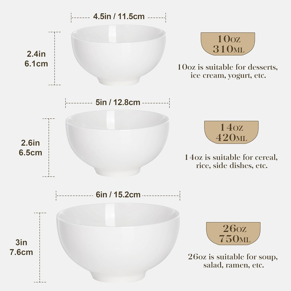 MALACASA Small White Ceramic Bowls Set of 8, 14 OZ Compact Dessert Bowls Rice Bowls Set, Ceramic Bowl for Ice Cream, Soup, Cereal, Side Dishes, Dishwasher & Microwave Safe