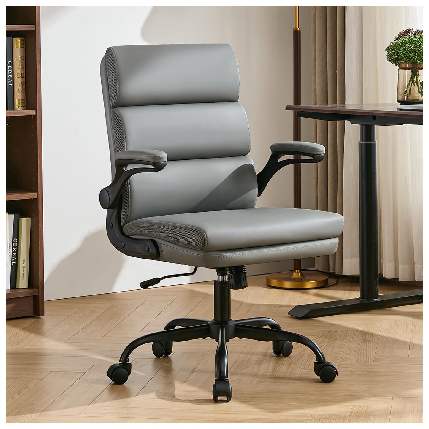 Office Chair Adjustable Desk Chair Mid Back Executive Comfortable Bonded Leather Ergonomic Back Support Home Computer Chair with Padded Flip-up Armrest Swivel Wheels (Gray)