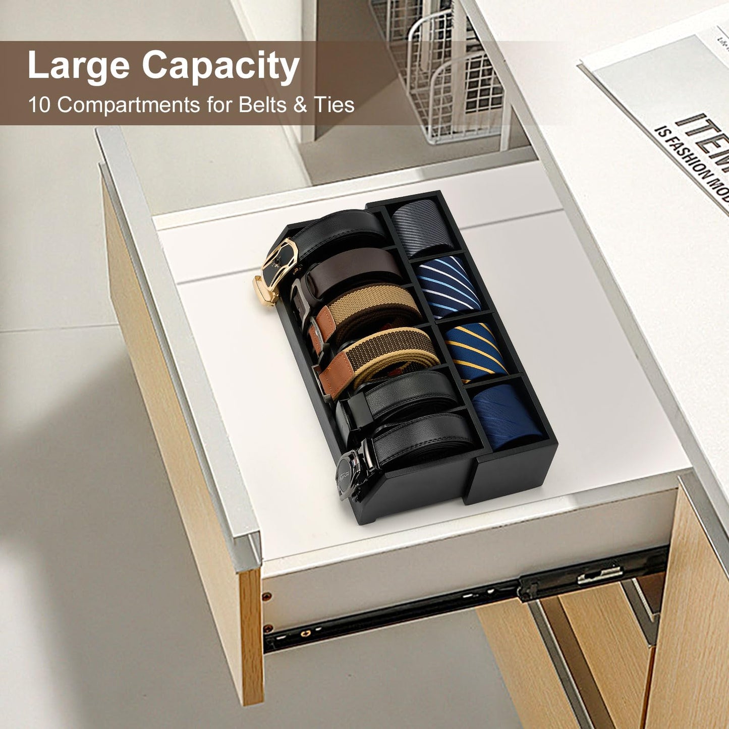 Ikkle Wooden Belt Organizer Box, 10 Compartment Belt & Tie Storage, Closet & Drawer Display Case, Large Holder (Black)