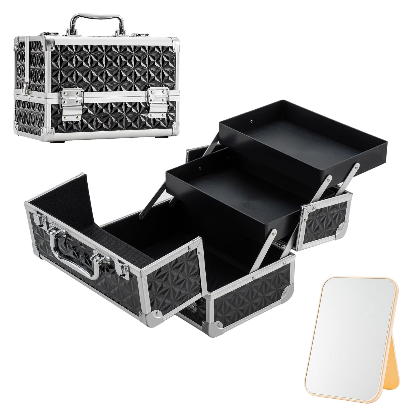 Leeora&Leekoo Makeup Train Case Cosmetic Box Portable Makeup Case Organizer 2 Trays Makeup Storage with Mirror for Cosmetologist Aesthetic Supplies Nail Tech Traveling Makeup Box (Black)