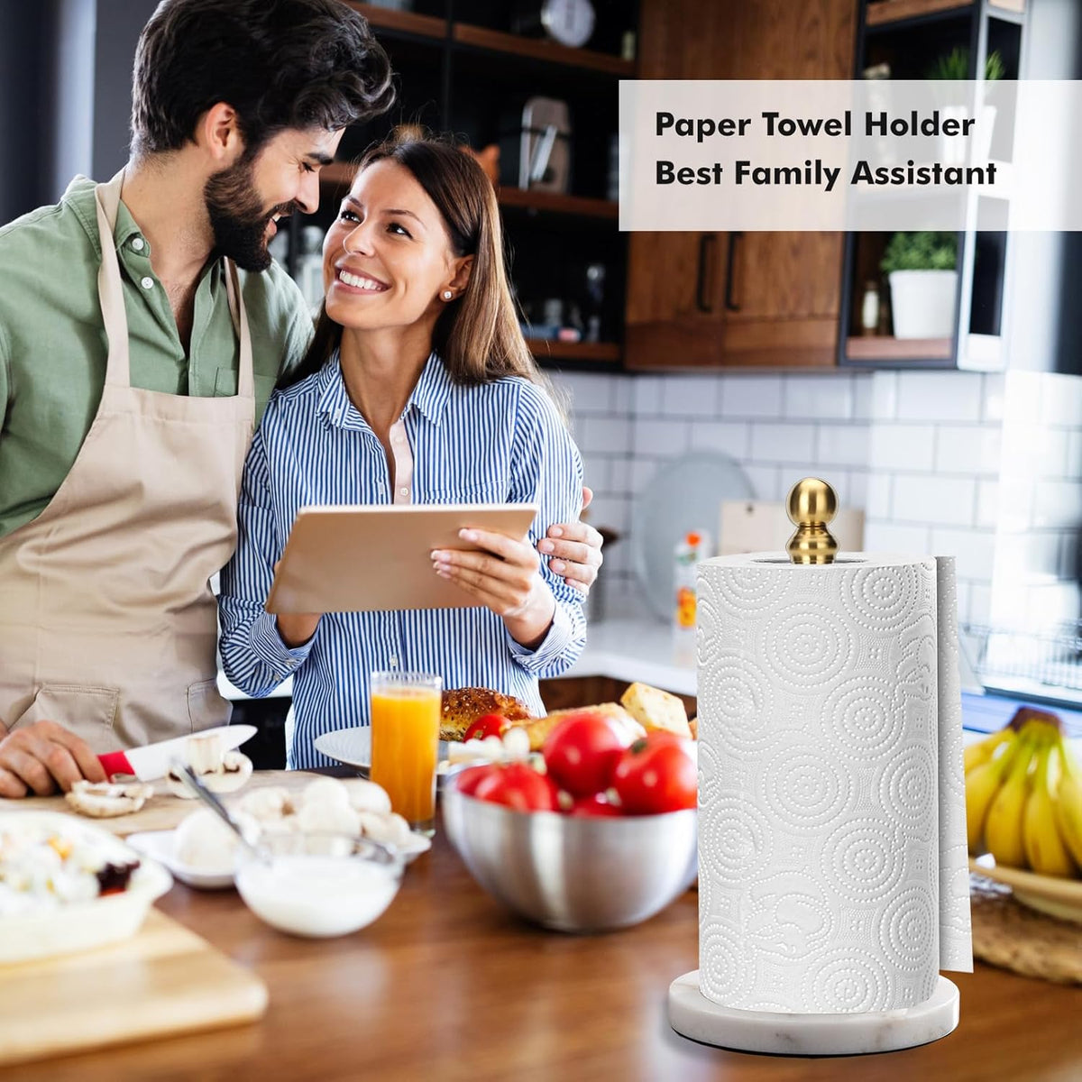 Gold Paper Towel Holder Countertop, Standing Paper Towel Roll Holder for Kitchen Bathroom, with Weighted Base for One-Handed Operation