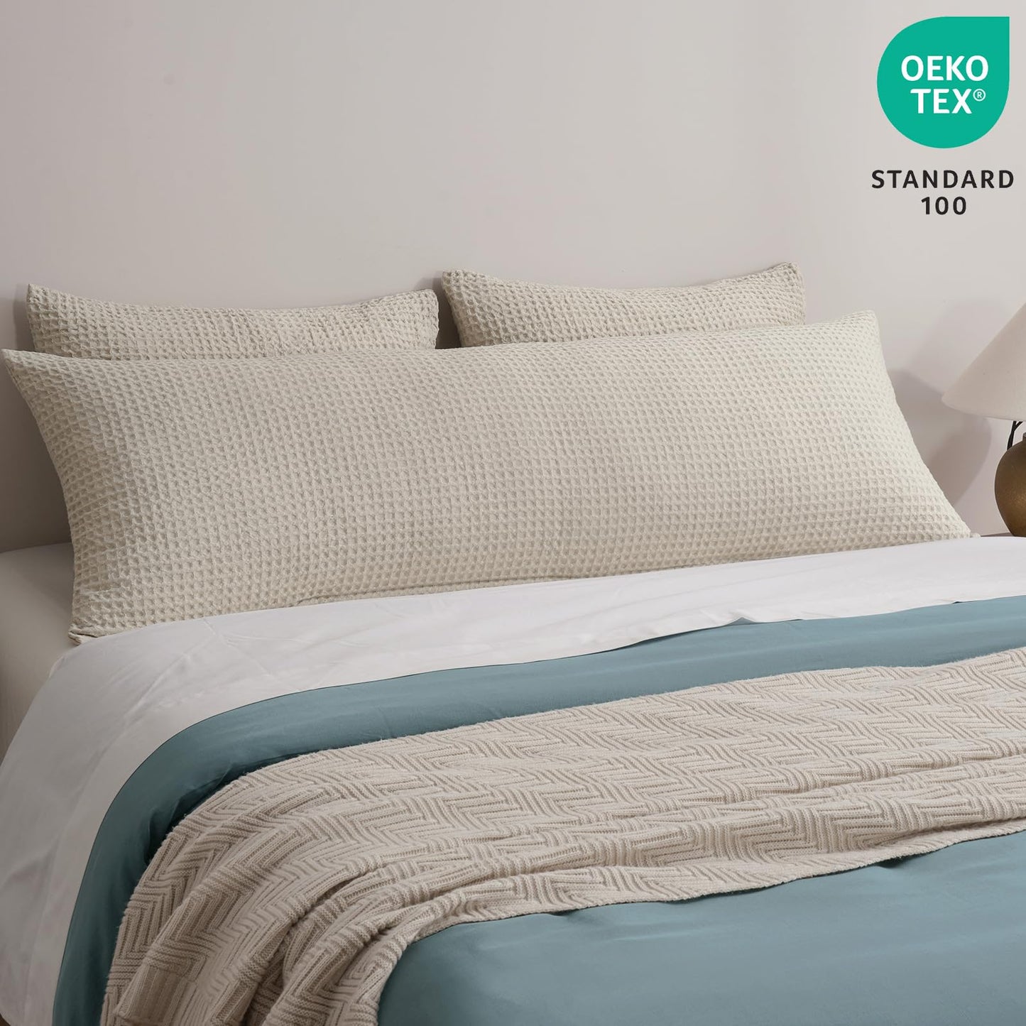 PHF Ultra Soft Waffle Weave Body Pillowcase 20" x 54", No Insert, Breathable & Skin-Friendly Body Pillow Sham with Zipper, Decorative Waffle Weave Pillow Cover, Light Khaki/Linen