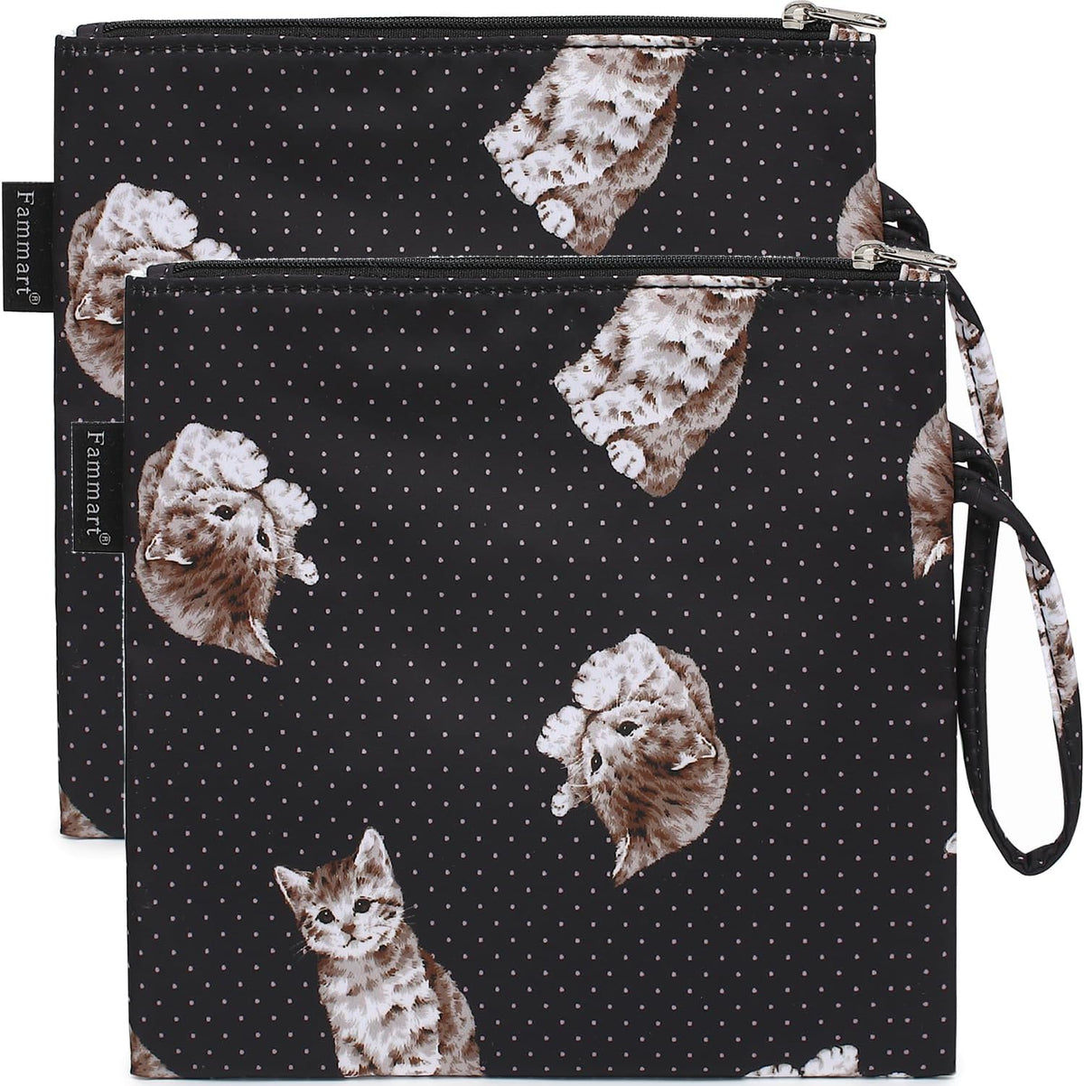 Reusable Sandwich Bag/Snack Bag for Kids & Adults, Dual Layer Lunch Bag with Handle, Washable, Food Safe, BPA Free (2-Pack, Dot&Cat)