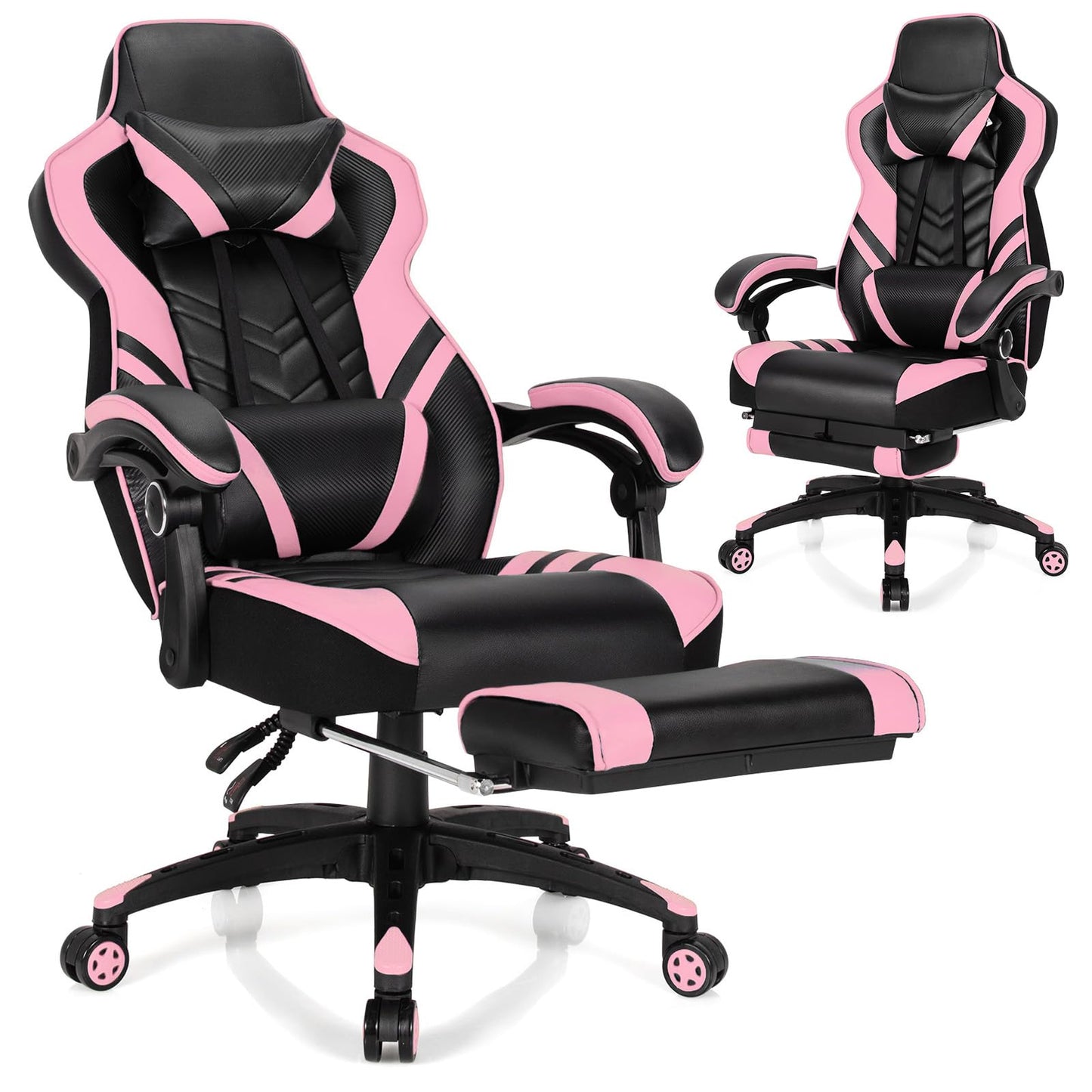 Goplus Gaming Chair, Computer Chair with Footrest and Lumbar Support, Height Adjustable Executive Swivel Rolling Task Chair with 90°-155° Tilt Function (Pink)