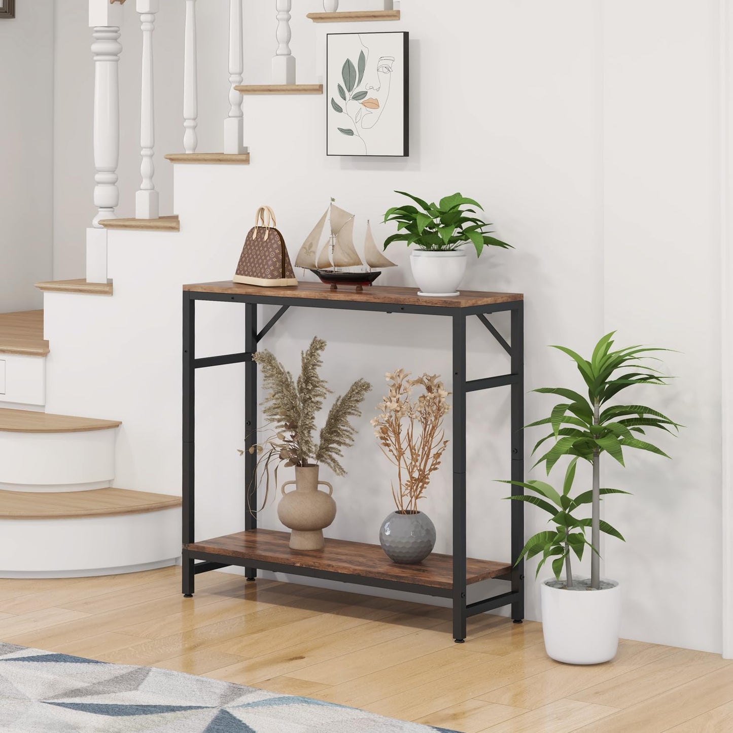 Livofloral Narrow Console Table, Small Entryway Table with 2 Support Bar, 2 Tier Sofa Table, 29.5" Thin Couch Table, Display Table, Side Table for Living Room, Hallway, Bedroom, Rustic Brown