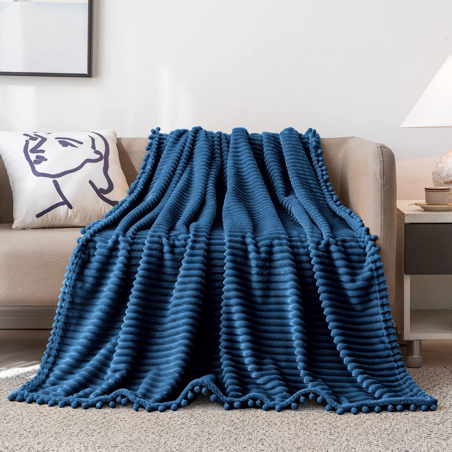 DISSA Fleece Blanket Throw Size – 51x63, Blue – Soft, Plush, Fluffy, Fuzzy, Warm, Cozy – Perfect Throw for Couch, Bed, Sofa - with Pompom Fringe - Flannel Blanket Throw Blanket
