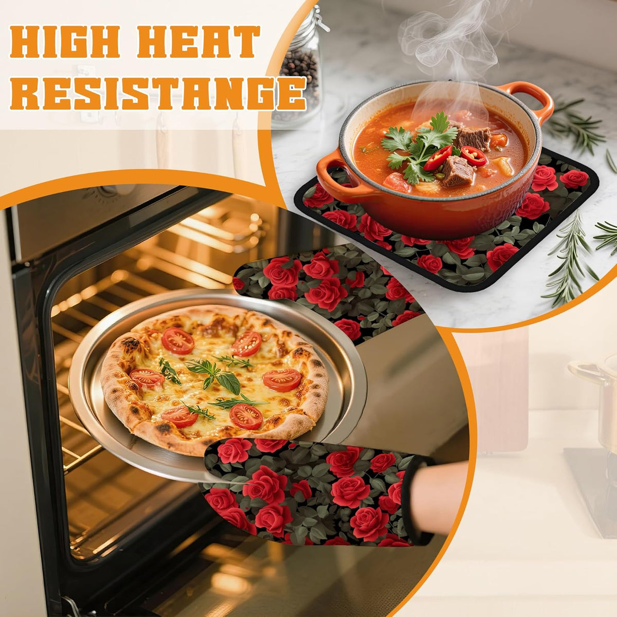 Red Rose Oven Mitts and Pot Holders Set,Kitchen Oven Gloves and Pot Holder with Heat Resistant Non Slip for Cooking Baking Grilling(4 Piece Set)