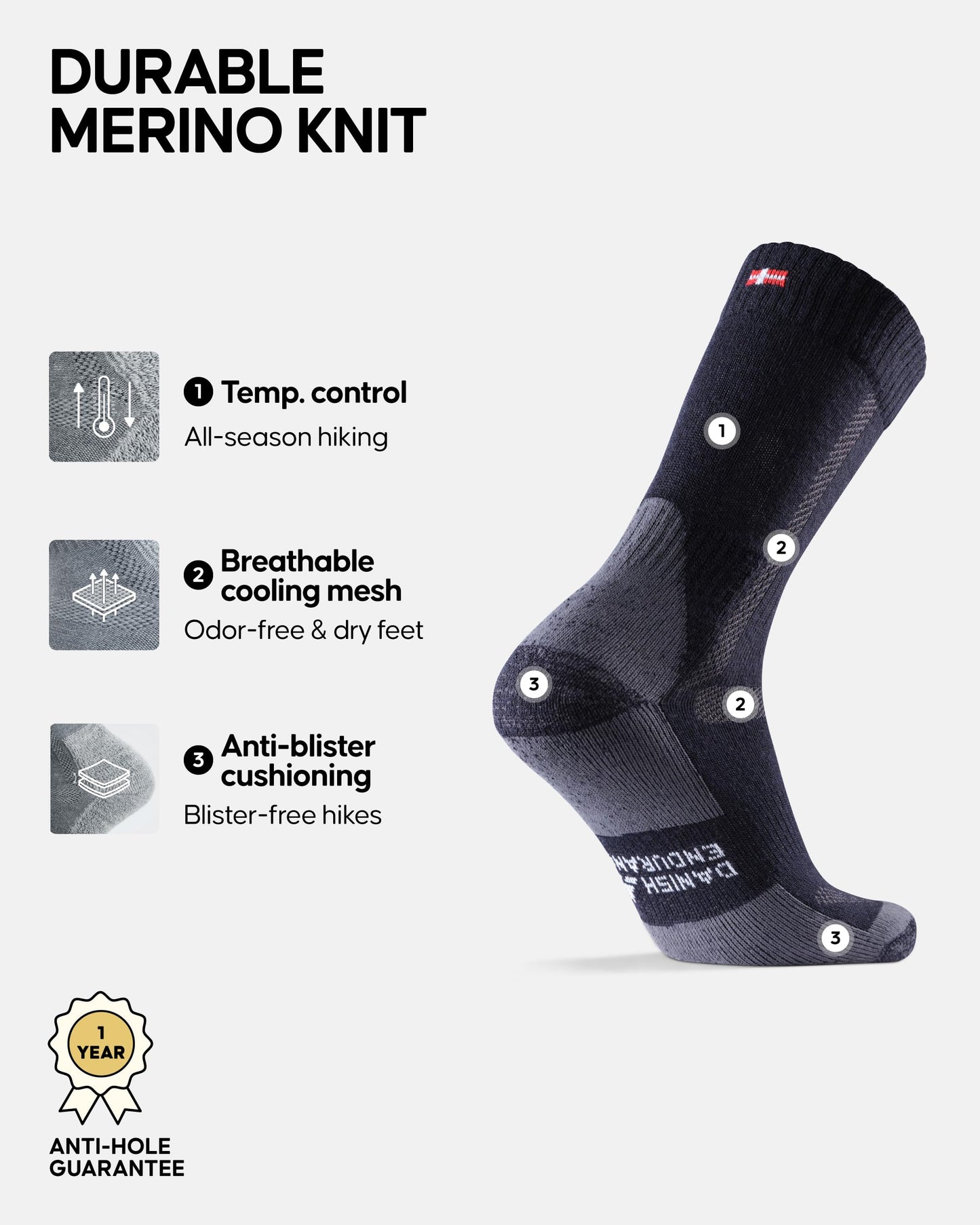 DANISH ENDURANCE Merino Wool Hiking Socks, Crew Length, Thermal & Moisture Wicking Hiking Socks, for Men & Women, 3 Pack Medium Navy 3-pack