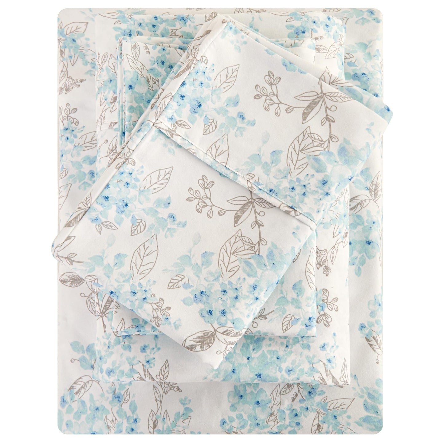 Viviland Floral Full Sheet Set 4 Pieces Light Blue Flower Bed Sheet Soft Breathable Brushed Microfiber Bedding Sheets & Pillowcases Wrinkle Free Fitted Sheets with 15" Deep Pocket for Full Size