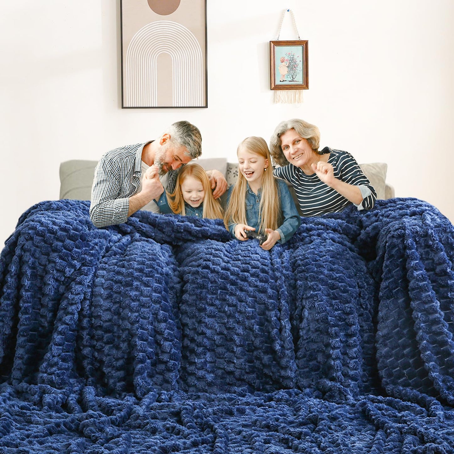 Excervent Flannel Fleece Throw Blanket(120x120 inches), Oversized Giant Extra Large 10'x10' King Bed Throw, Hexagon Jacquard Decorative Fuzzy Blankets for Household, Camping, and Travel, Navy