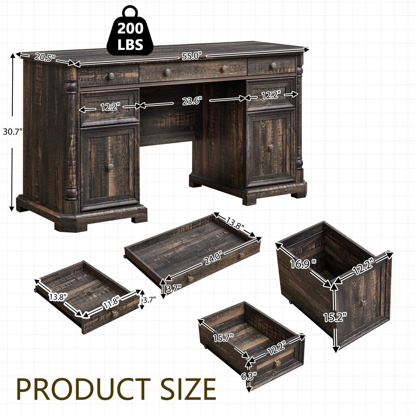 Yechen 55'' Wood Executive Desk with 7 Drawers - Farmhouse Home Office Desks with Storage & Power Outlet, Wooden Computer Desk with Roman Columns, Writing Table for Work & Study, Dark Reclaimed Oak