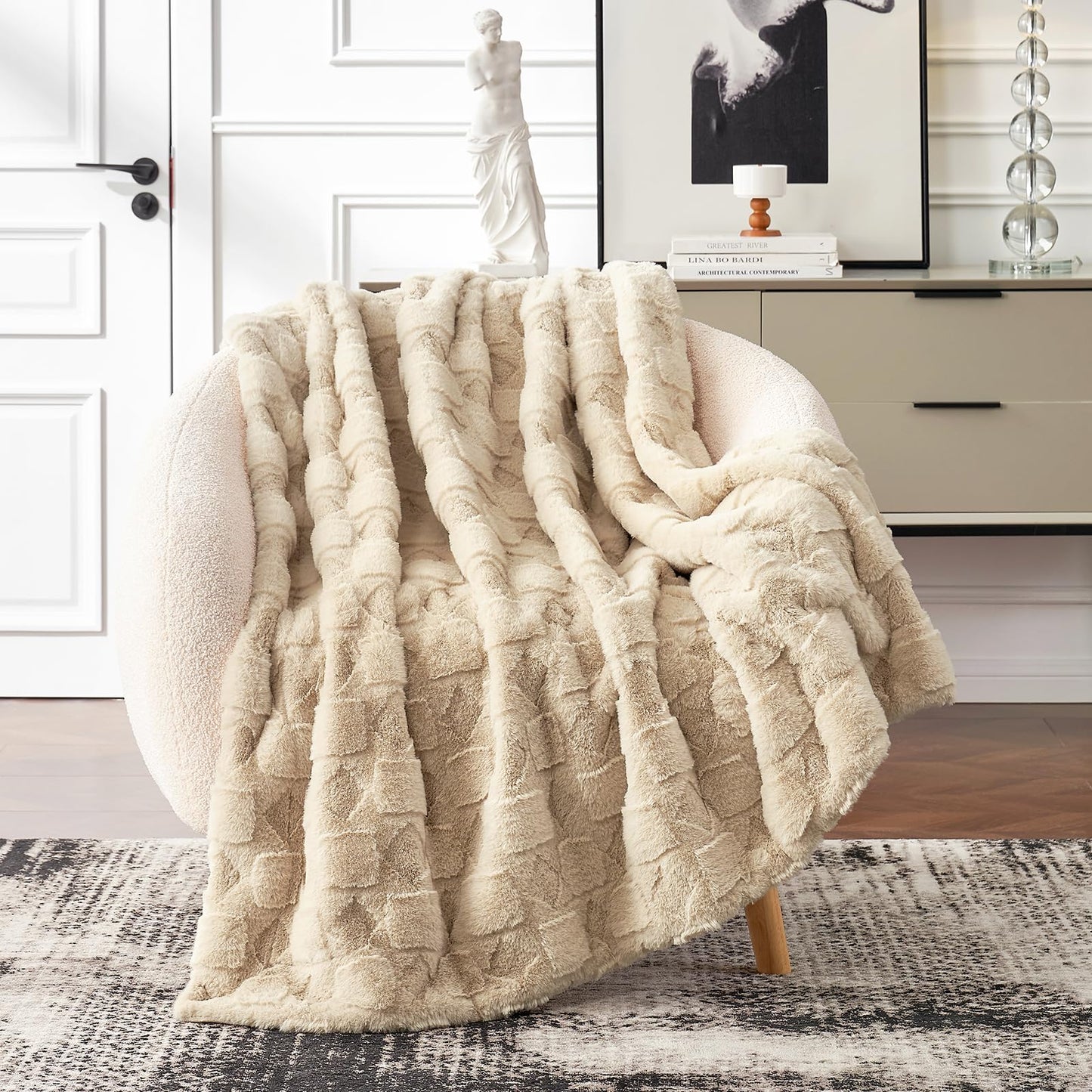 Cozy Bliss Faux Fur Throw Blanket for Couch - Clearance Soft Checkered Fuzzy Cozy Throw Gift Blankets for Women,Beige Boho Blanket for Sofa Bedroom Living Room.50 * 60 Inches