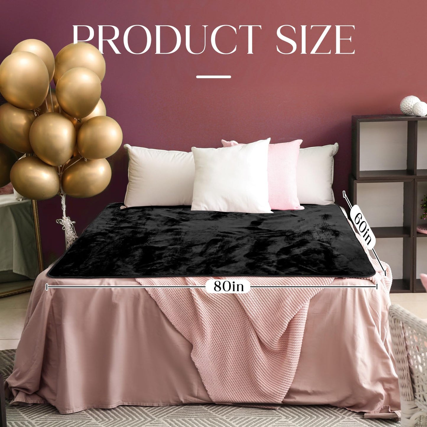 Tisancy Love Black Waterproof Bed Blanket, Twin Size 80'' x 60'' Double Side Lightweight & Reversible for Comfort, Flannel Fleece 3 Layer Blanket, Absorbs 50oz
