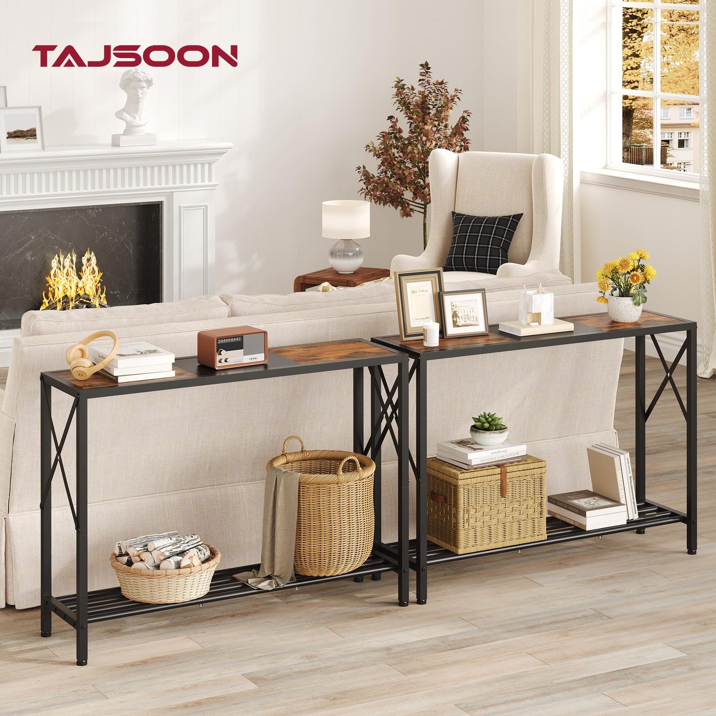 Tajsoon Console Table 41.8”, 2-Tier Industrial Entryway Table, Narrow Entrance Sofa Table with Shelves, Hallway, Living Room, Foyer, Corridor, Office, Rustic Brown and Black