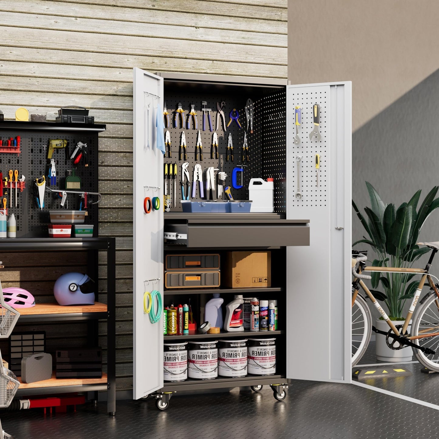 Aobabo Garage Storage Cabinet with Wheels, Metal Tool Storage Cabinet with 1 Drawer for Home,Assembly Required,Black&Grey