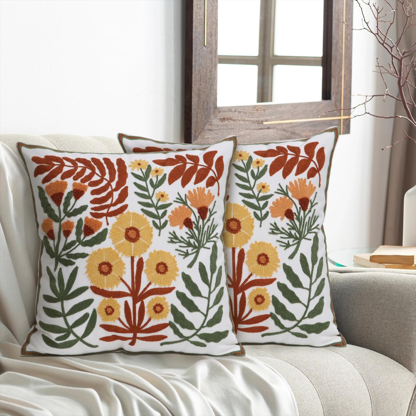 Pilmandu Set of 2 Embroidered Decorative Throw Pillow Covers Couch Square Pillowcases Cushion for Bedroom Sofa Farmhouse Decor 18x18 Inch (Dandelion Flower)