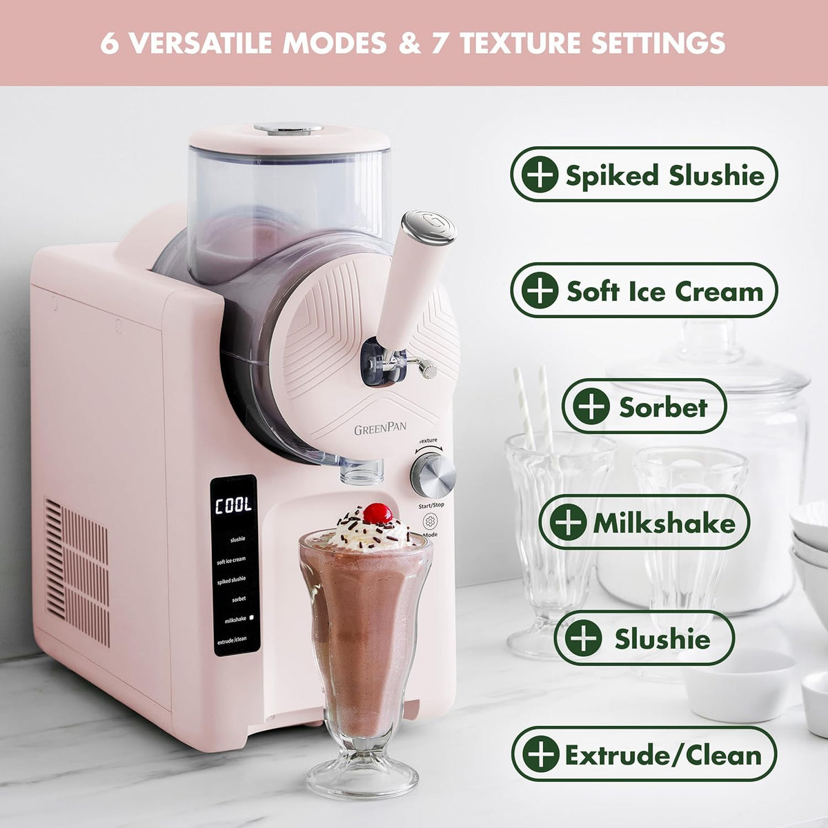 GreenPan Frost Ice Cream Machine & Frozen Drink Maker, Soft Serve, Slushie, Milkshakes & Cocktails, No Freezer Needed, 15-in-1, 7 Textures, Quiet & Rapid, Easy Clean, Family Size, Strawberry Pink