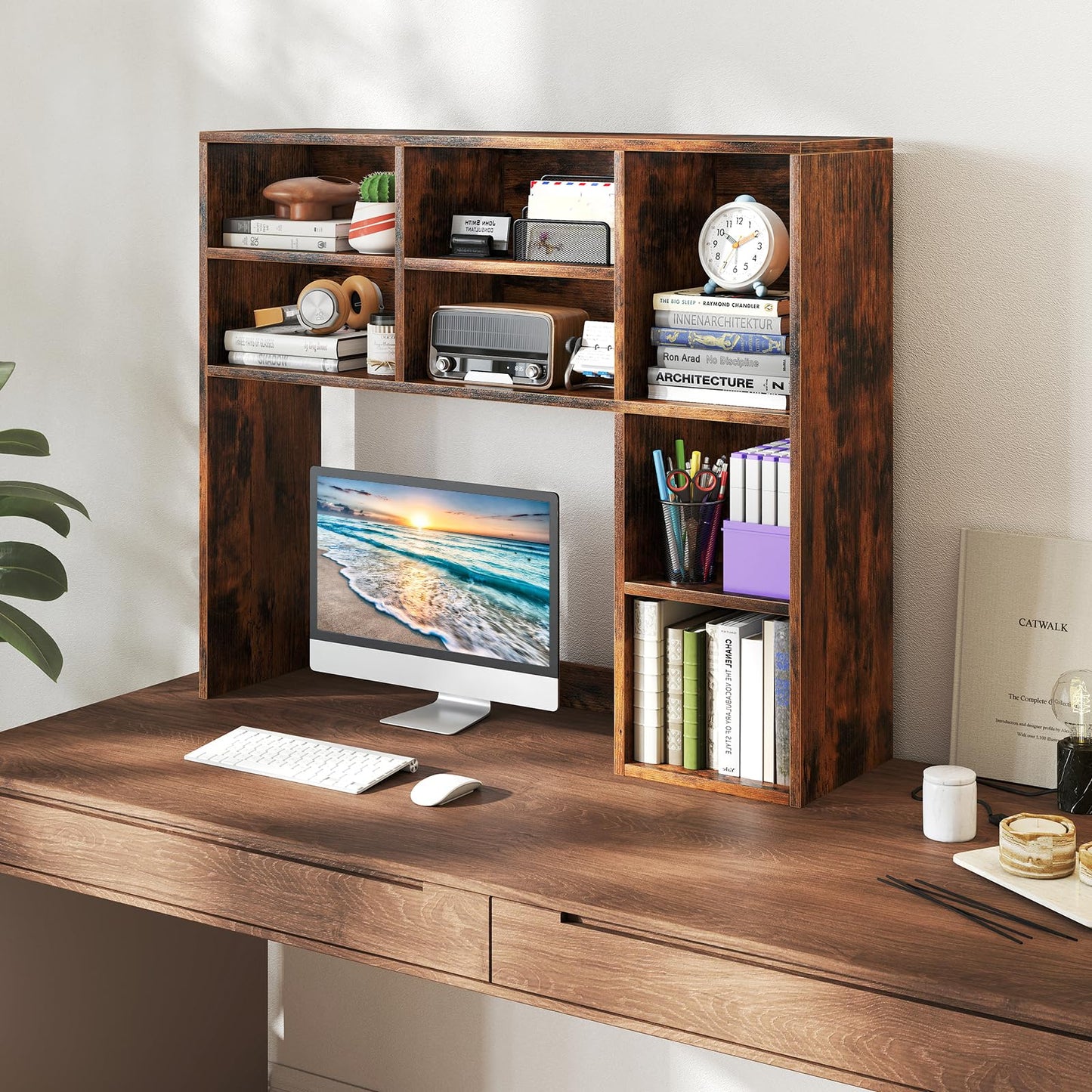 Giantex Desktop Bookshelf, Desk Hutch Dorm w/ 7 Cubes & 3 Adjustable Shelves, Desk Shelf for Up to 27" Computer Monitors, Wooden Desktop Storage Organizer for Dorm College Office Home, Rustic Brown