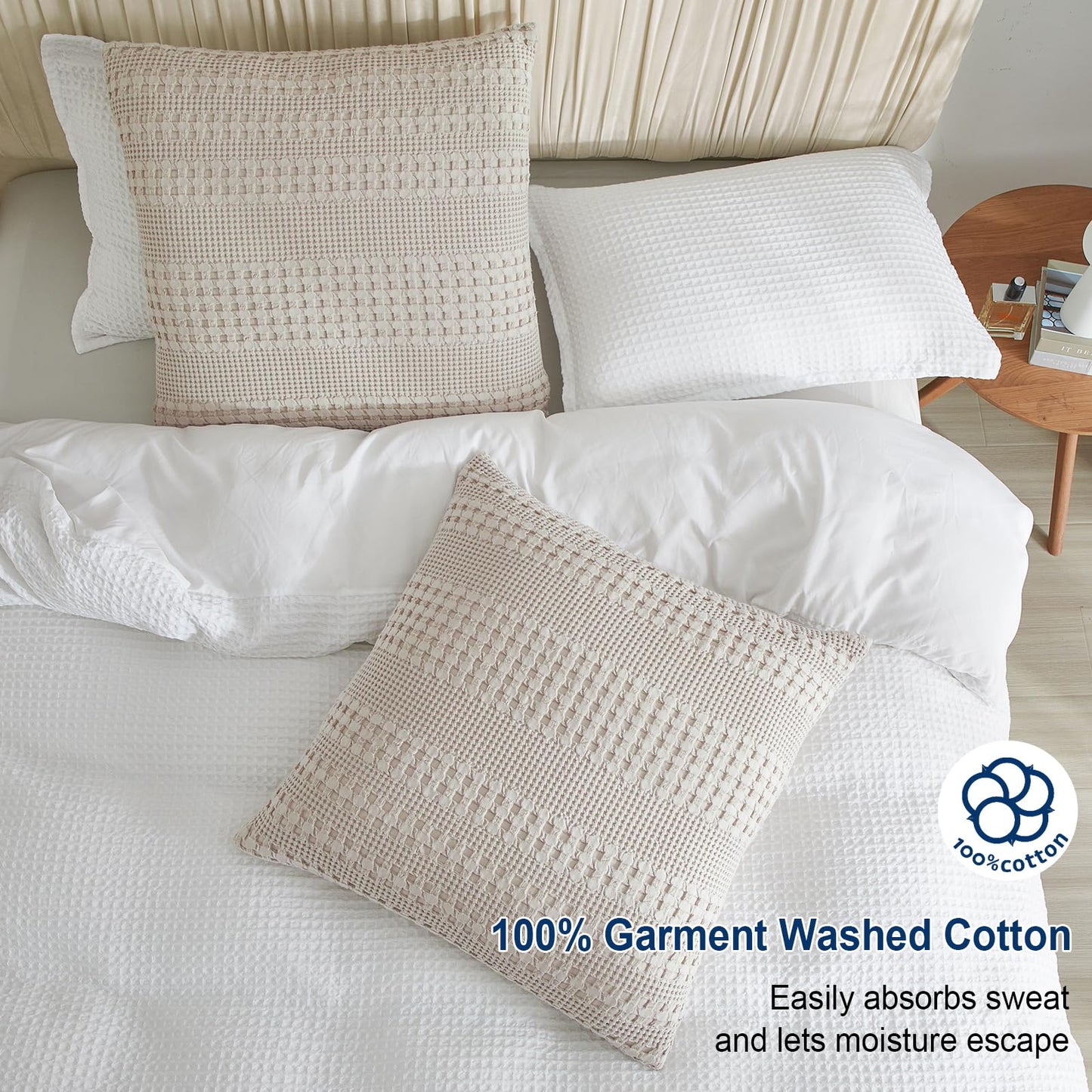 PHF 100% Cotton Waffle Weave Euro Sham Covers, 2 Pack 26" x 26" Bed Pillow Covers for Elegant Home Decor, No Filling, Luxury Aesthetic Soft Euro Pillow Cases for Bed, Oatmeal
