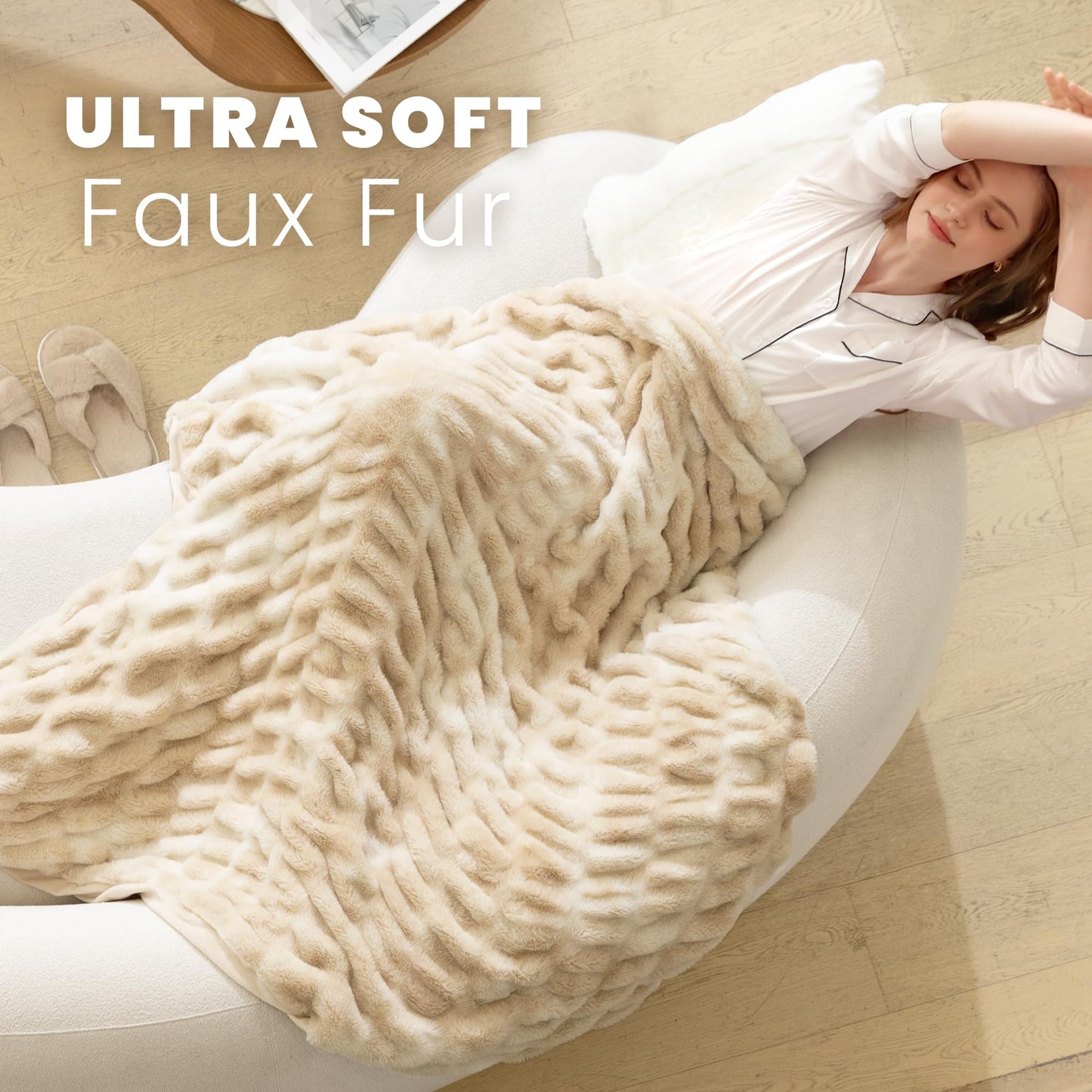 Luxury Faux Fur Throw Blanket with Stretch Ruched Design, Cozy Faux Fur Blanket, 50x60 Inches, Tie Light Camel - Soft Plush Blanket for Bed, Couch, Gifts for Women and Girls, and Home Decor