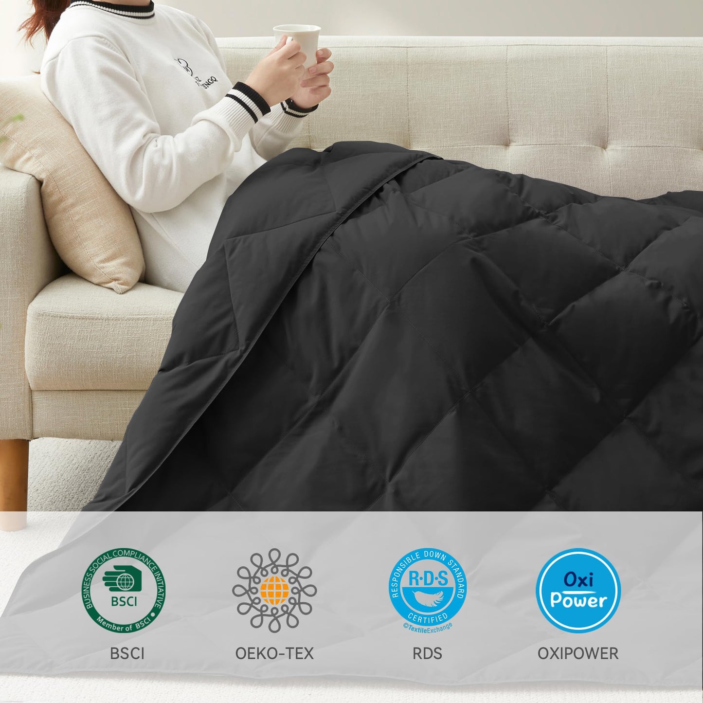 Deodar Natural Down Fiber Throw Blanket Couch, Sofa Down Fiber Blanket Throw Outdoor Lightweight Peach Skin Fabric, 50"X70", Black