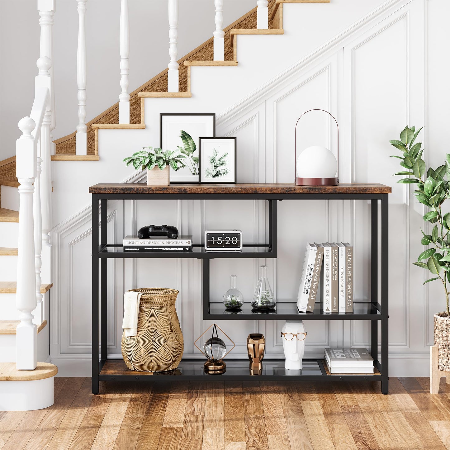 IDEALHOUSE 39.4" Console Table 4-Tier Narrow Entryway Table with Glass Storage Shelf and Metal Frame for Hallway, Living Room, Foyer, Bedroom, Corner Tables, Small Space Furniture, Rustic Brown