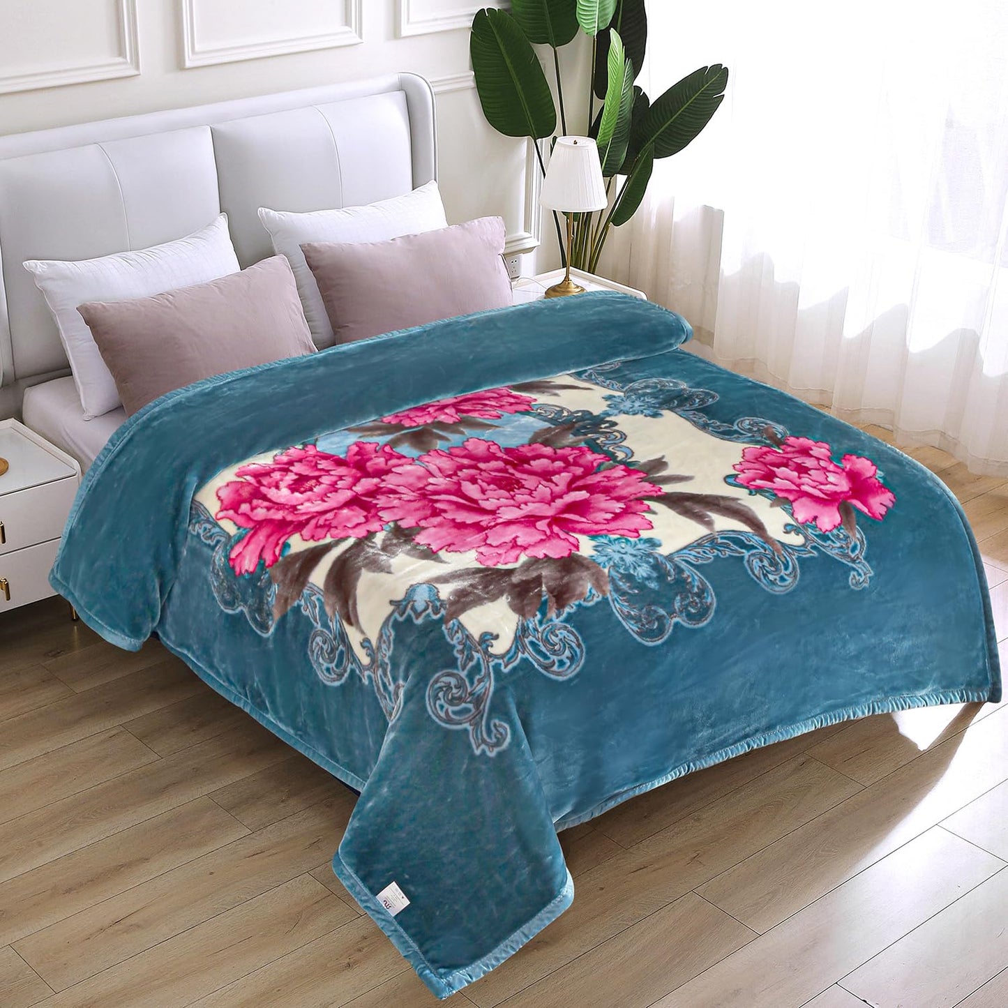 JYK Korean Mink Fleece Blanket King Size 83'' x 91'', 5.7 Pounds - 2 Ply Reversible Silky Soft Plush Warm, Flannel Cozy Blankets for Autumn, Winter - Blue/Peony