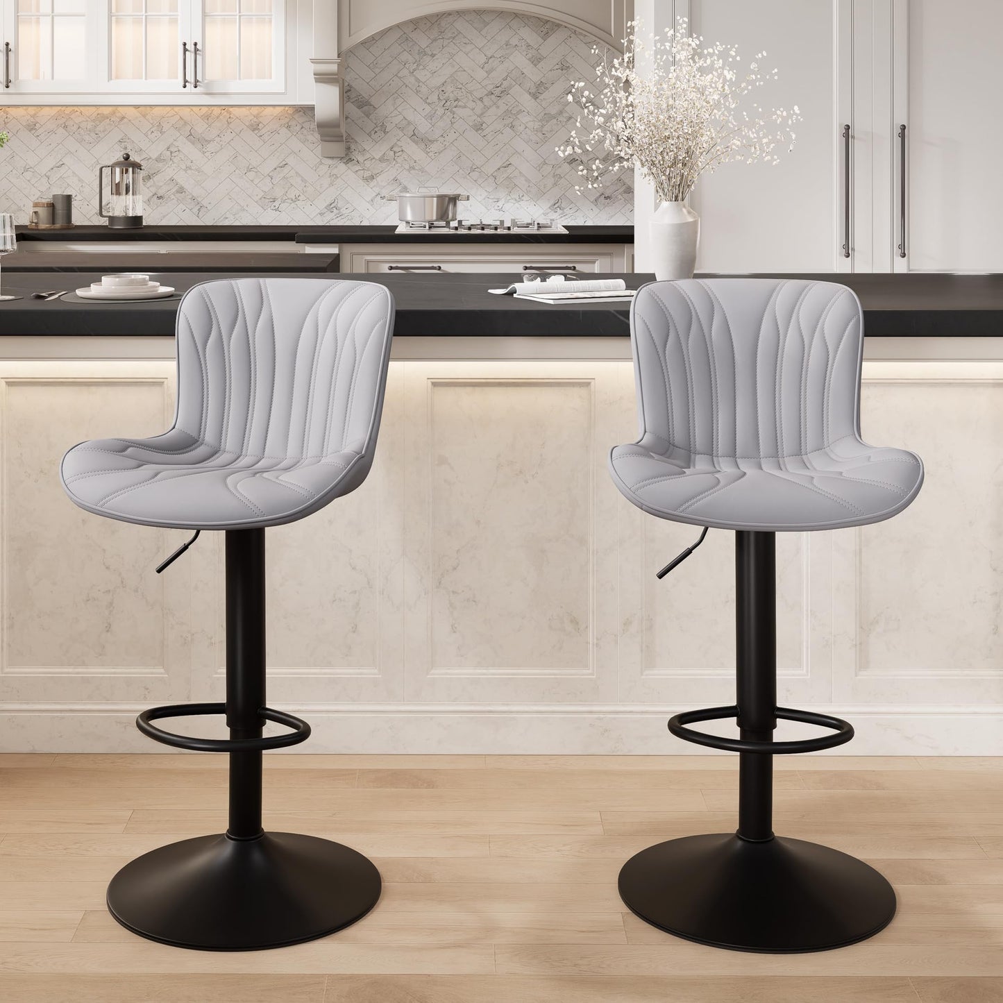 YOUNIKE Grey Bar Stools Set of 2 Modern Kitchen Counter Height Bar Chairs with Backs Faux Leather Upholstered Barstools Swivel Tall Adjustable Padded Breakfast Island Chair with Sturdy Metal Leg