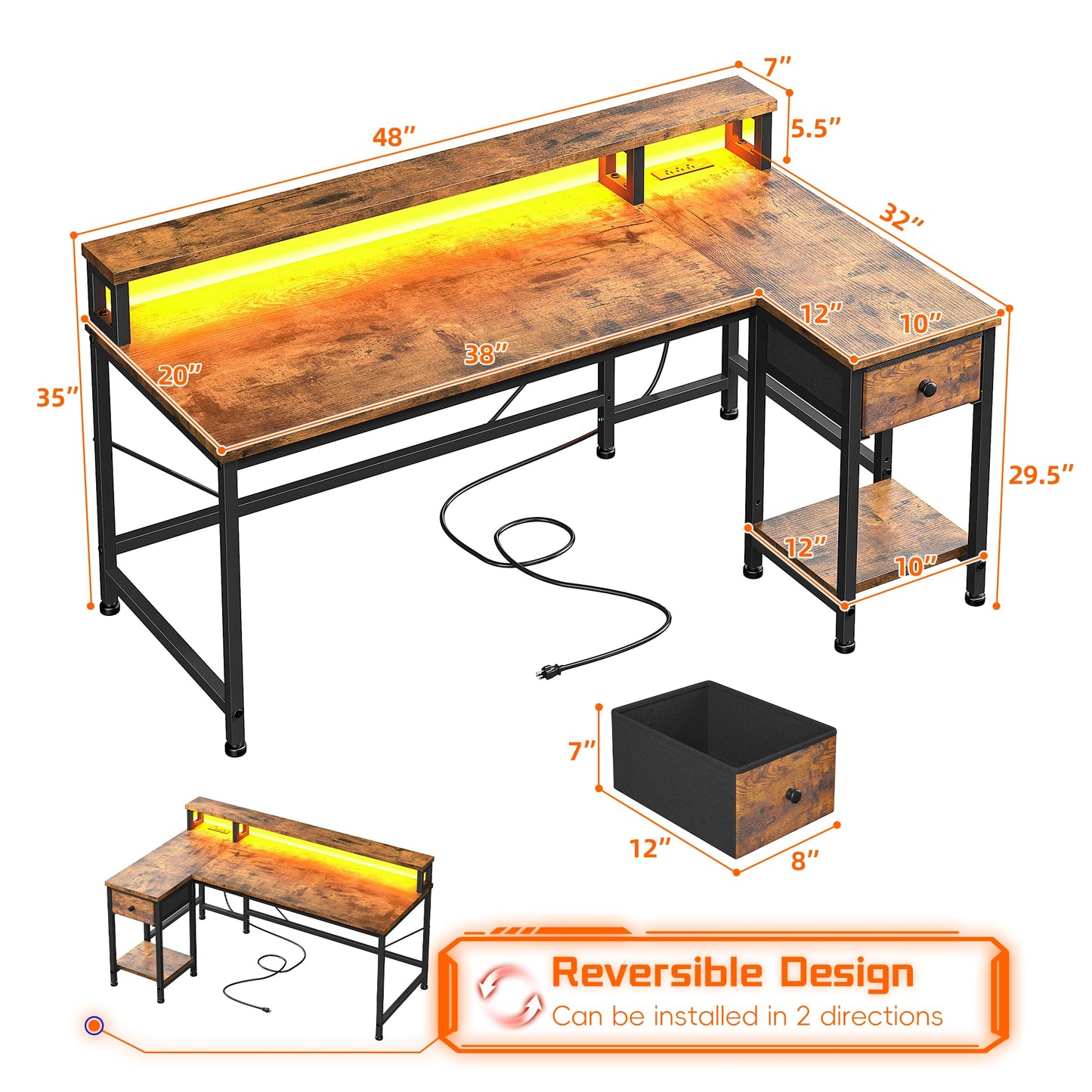 DurayLoly Gaming Desk with LED & Power Outlet, 48" L Shaped Small Computer Desk with Drawers Reversible Corner Desks with Monitor Stand Office Desks for Gaming Room,Home Office,Bedroom,Rustic Brown