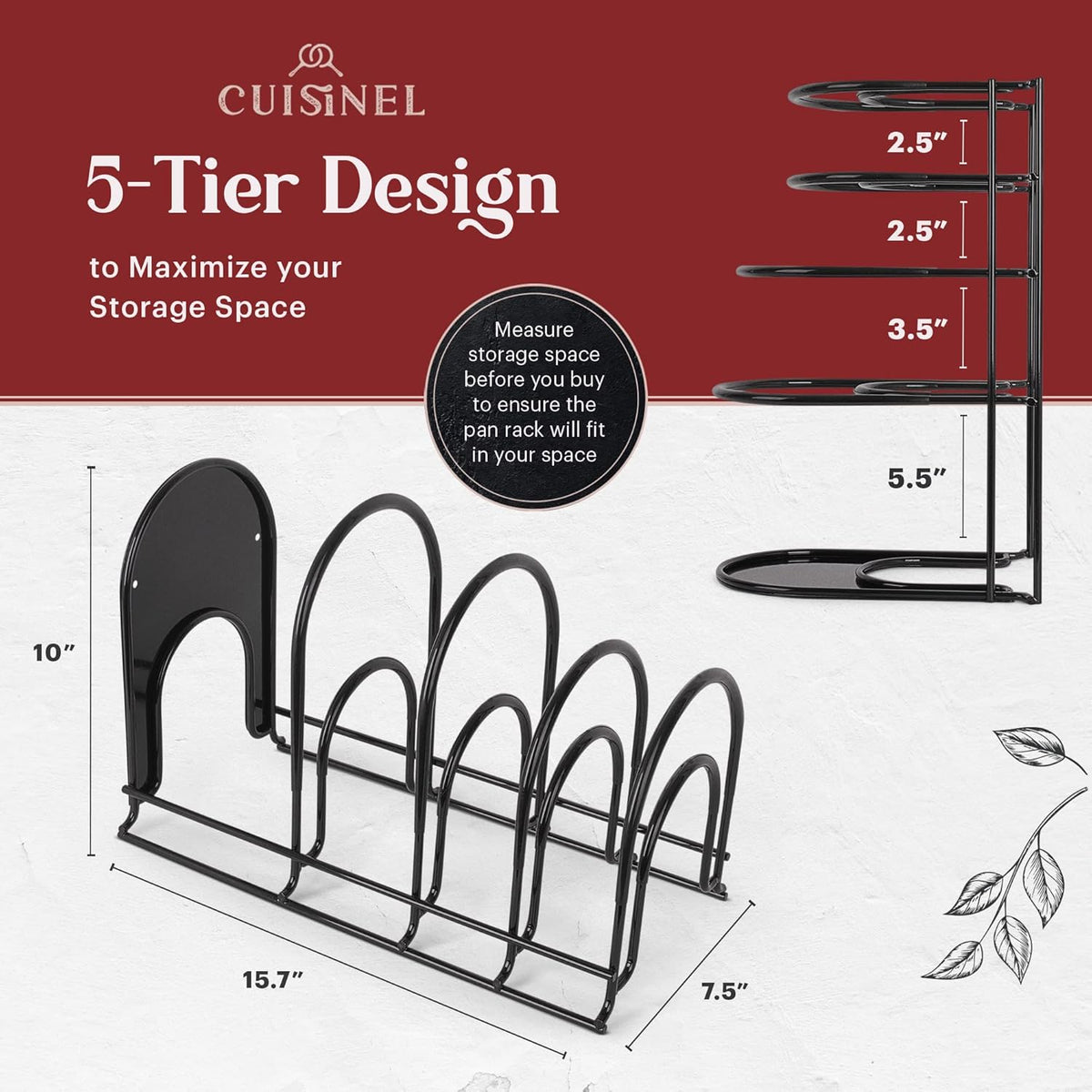 Cuisinel Pan Organizer - Silicone-Coated Non-Slip 15" Heavy Duty Skillet Rack - Kitchen Counter/Cabinet Organization Storage - Cookie Sheet, Cutting Board, Cast Iron Cookware, Pots, Lid Stand/Holder