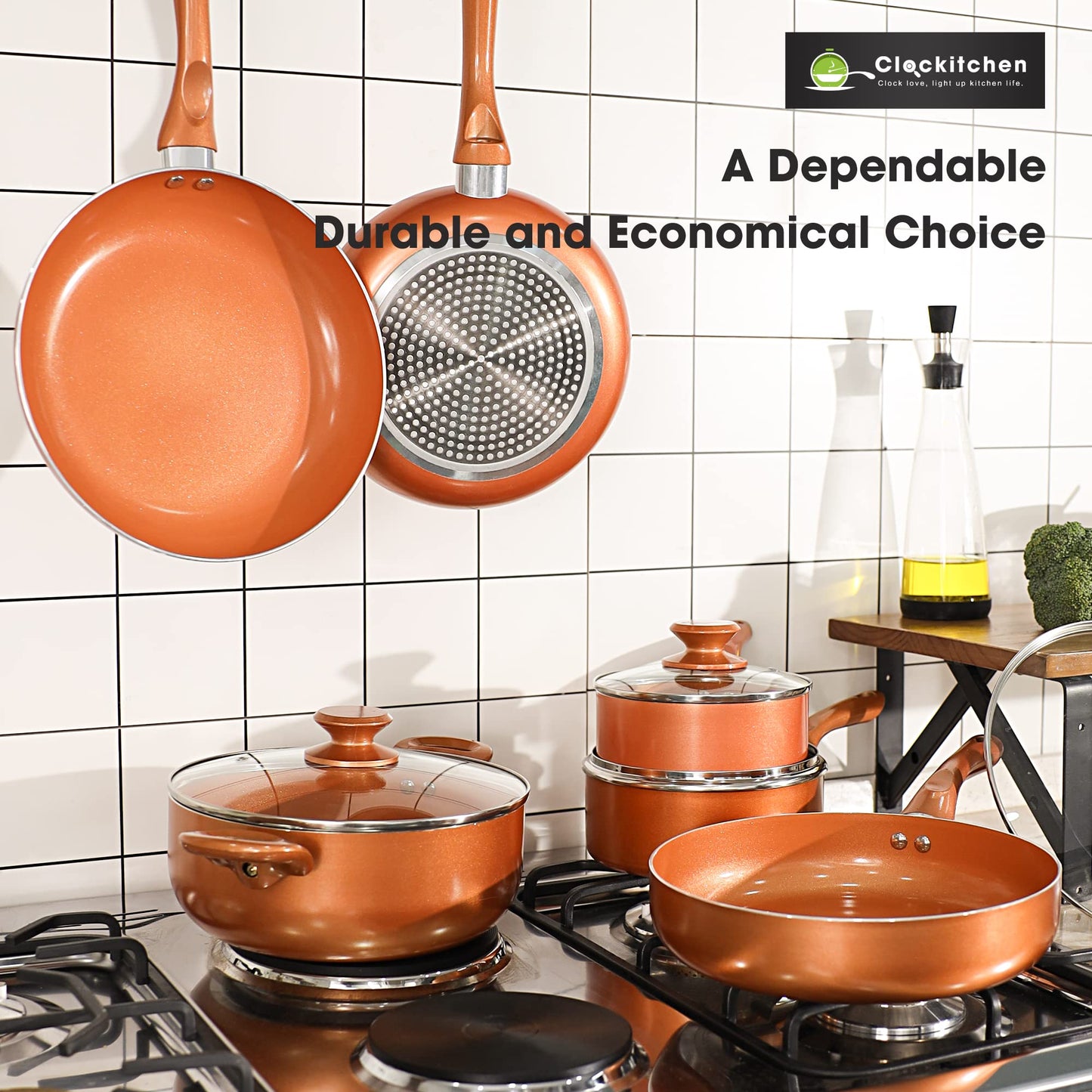 Clockitchen Non Stick Pots and Pan Set, 10pcs Cookware Set with Ceramic Coating, Non-toxic Cooking Pot, Compatible with All Stoves, Copper