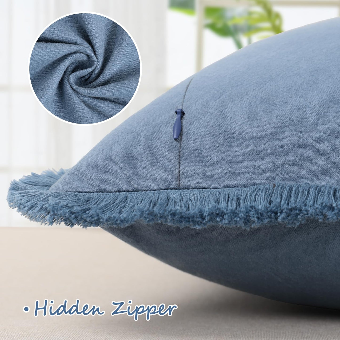 ZWJD Pillow Covers 18x18 Set of 2 Blue Throw Pillow Covers with Fringe Chic Cotton Decorative Pillows Square Cushion Covers for Sofa Couch Bed Living Room Farmhouse Boho Decor
