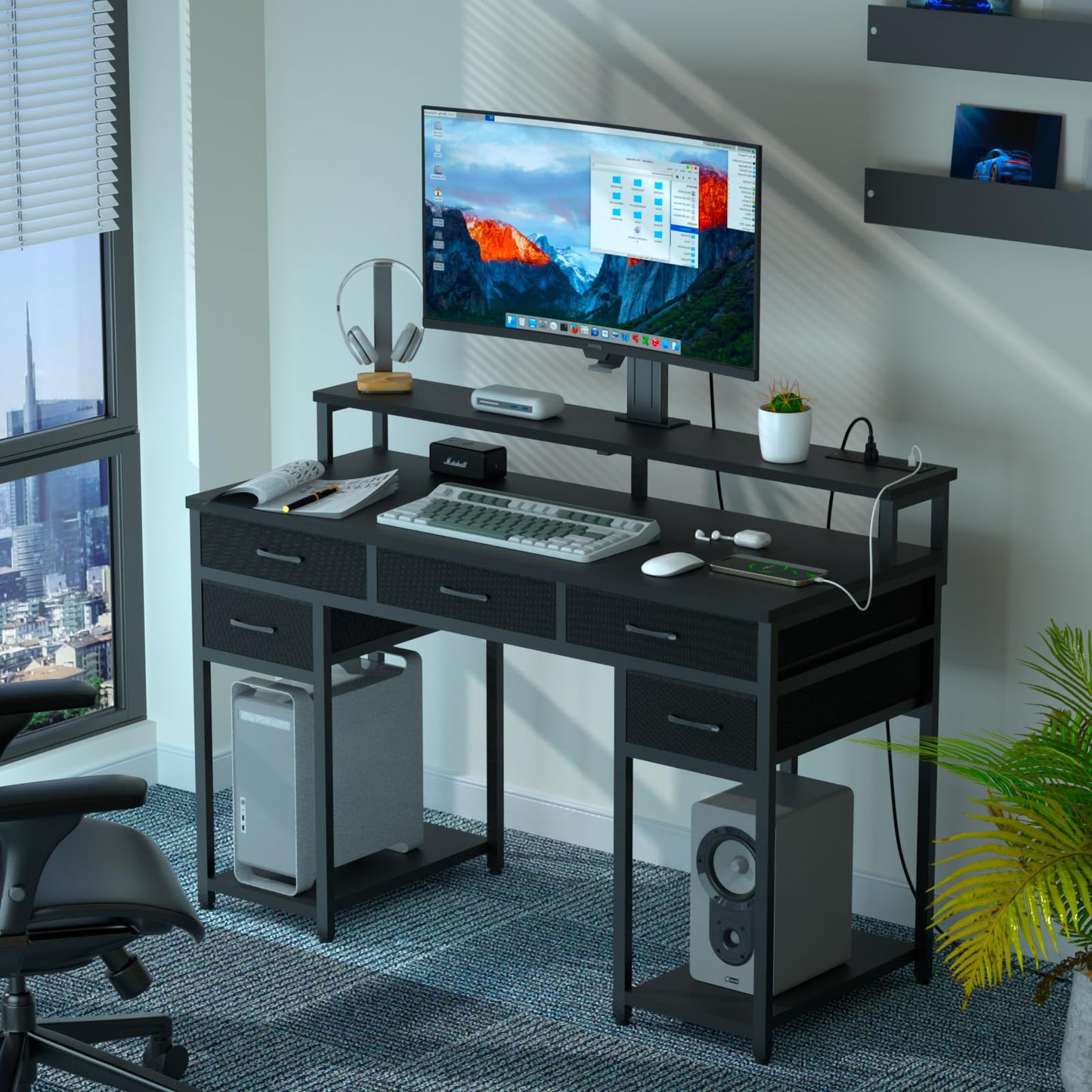 Uniheim Black Computer Desk with Drawers, Gaming Desk with LED Light & Power Outlet, 47" Home Office Desk with Large Storage & Monitor Stand for Small Space