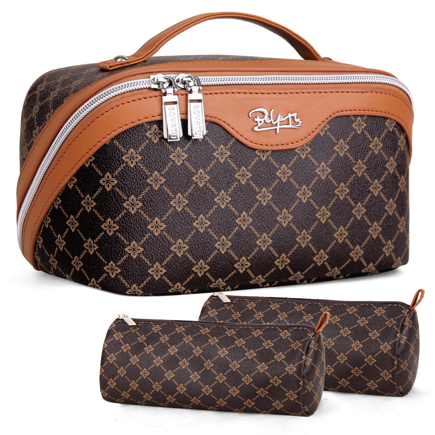 BOYATU Travel Makeup Bag Cosmetic Bags for Women: 3 Pcs Set Large Portable Make up Bag with Handle - Vegan Leather Toiletry Bags with Compartments - Makeup Organizer for Travel Essentials(01-Coffee)