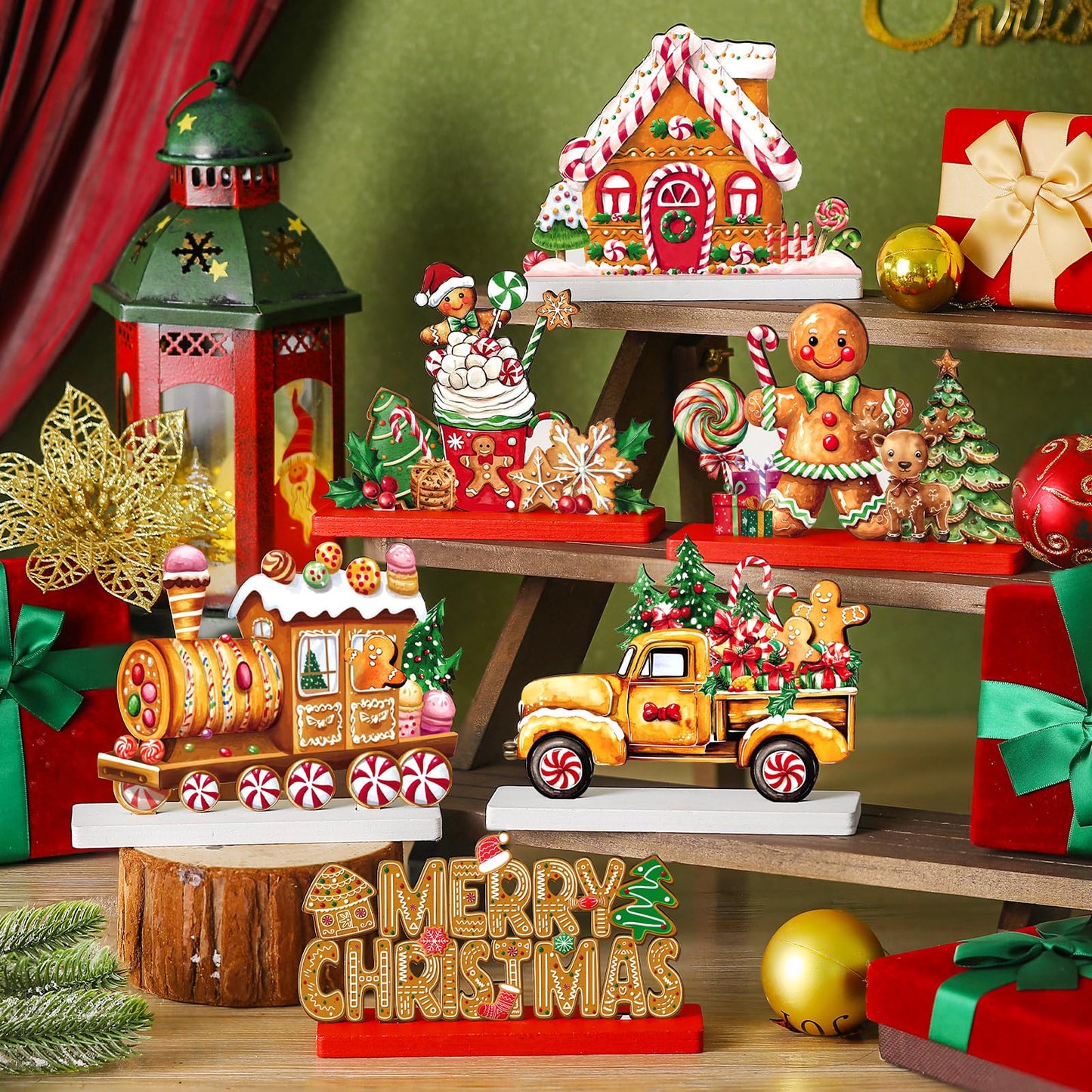 Wonderjune 6 Pcs Christmas Gingerbread Man Table Decoration Signs Wooden Christmas Tabletop Centerpieces Tiered Tray Decor Gingerbread House Truck Train Xmas Decorations for Holiday Party Supplies