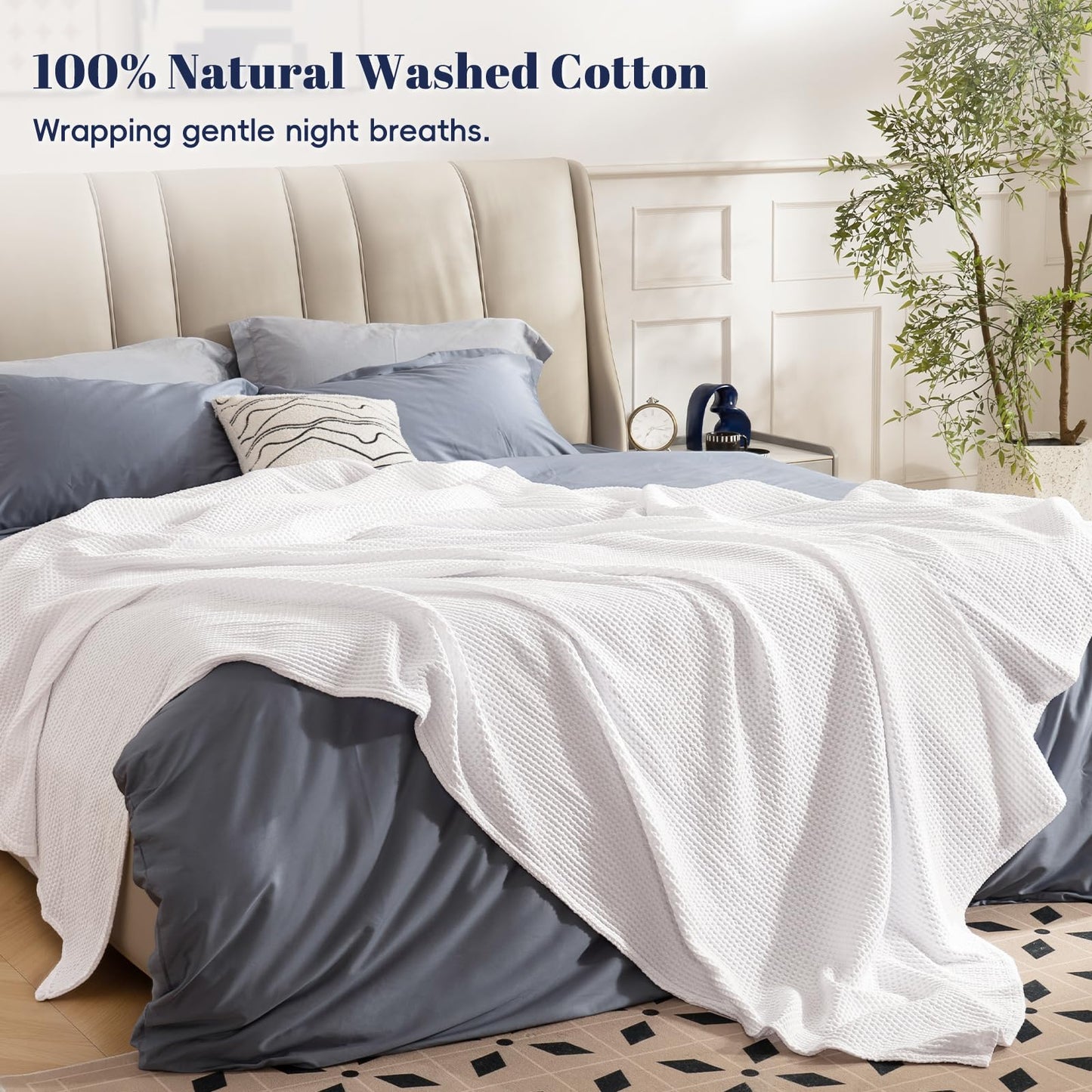 PHF Pre-Washed Cotton Waffle Weave Blanket Queen Size for Bed,Snag Proof Throw Blanket for Couch Spring Summer Lightweight Breathable,Oeko-TEX Certified,Machine Washable, Home Decor Gift-White
