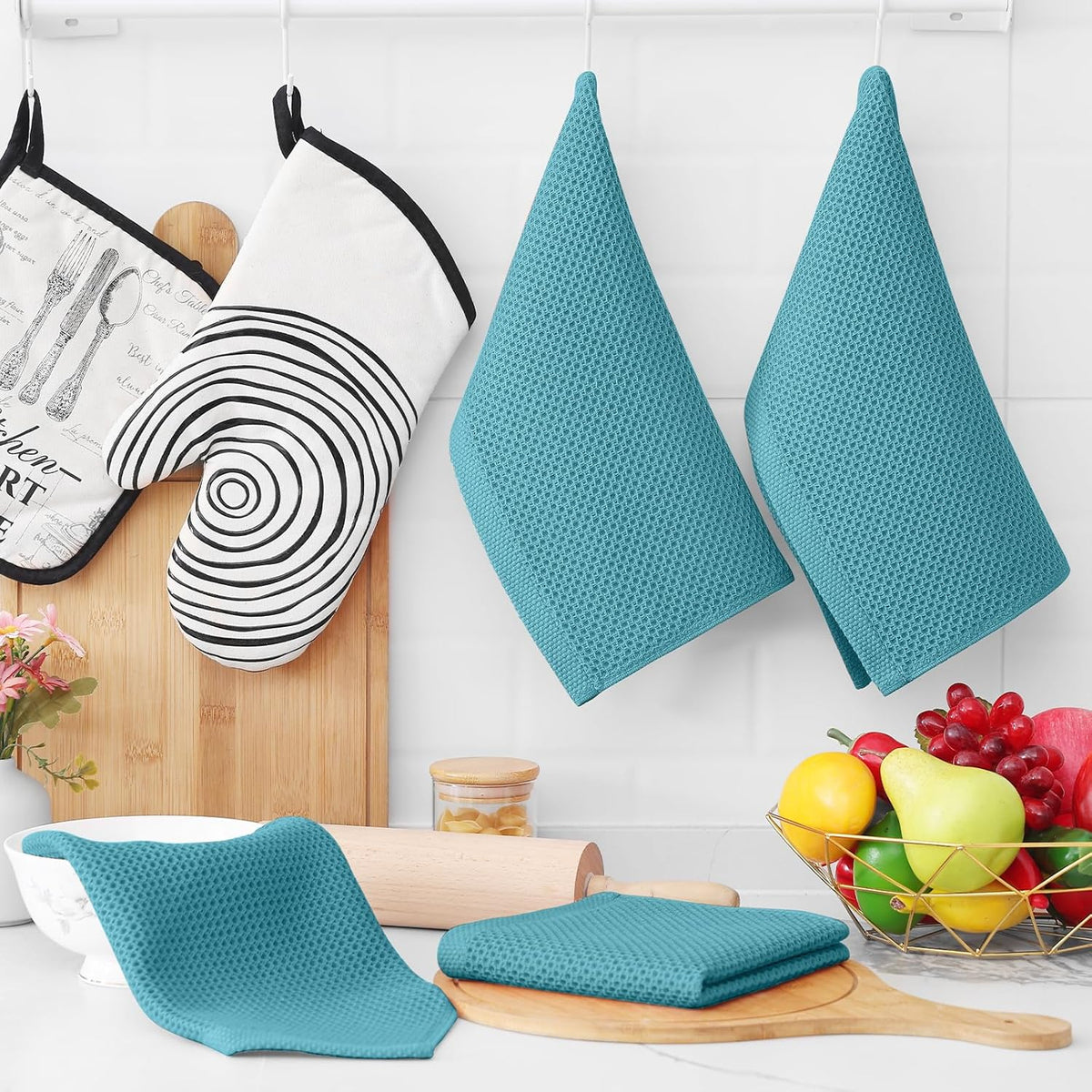 Homaxy 100% Cotton Waffle Weave Kitchen Dish Cloths, Ultra Soft Absorbent Quick Drying Dish Towels, 12 x 12 Inches, 6-Pack, Lake Blue
