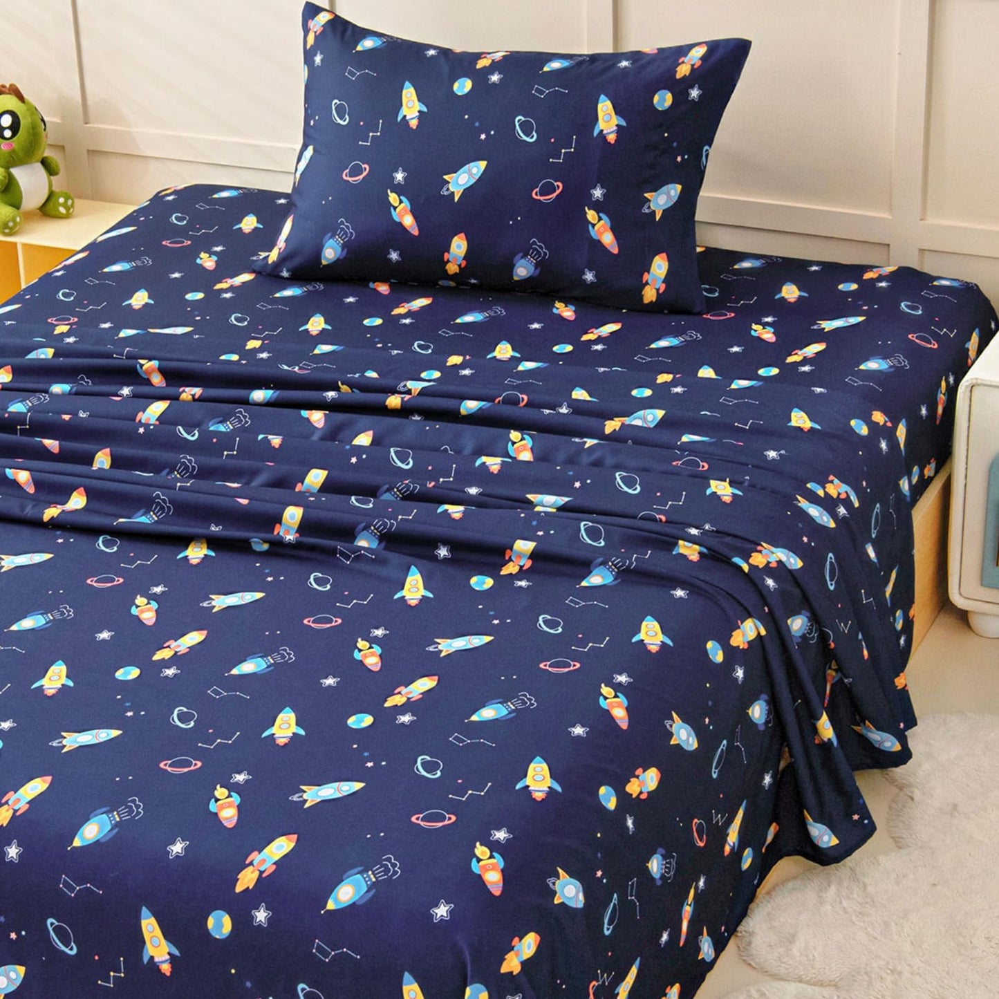 Twin Bed Sheets Set for Boys, 3-Piece Bed Sheet Set for Toddler, Soft Brushed Microfiber Bedding, Deep Pocket, Wrinkle & Fade Resistant, Space Rocket