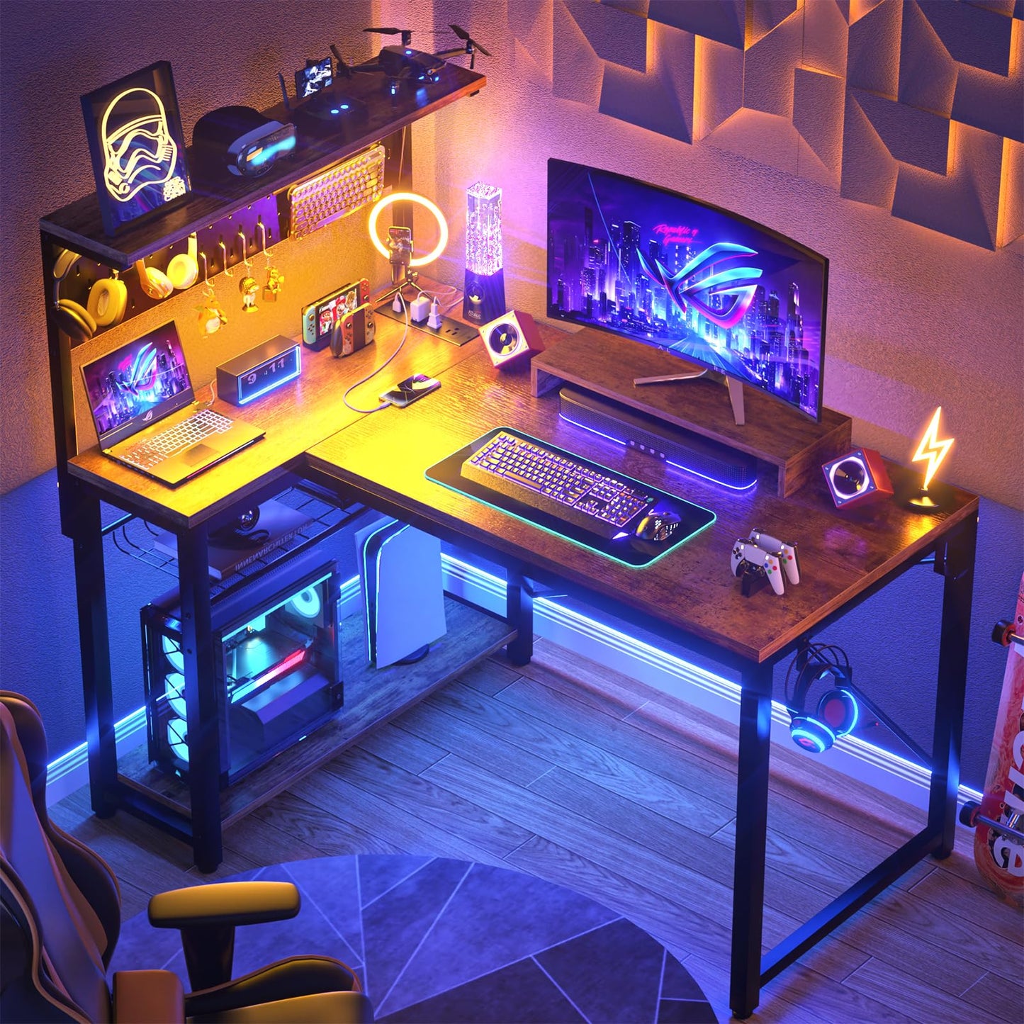 Homieasy Small Gaming Desk with Power Outlets Pegboard LED Light, 43 Inch L Shaped Computer Desk with Monitor Stand Storage Shelves, Reversible Corner Desk with Headset Hooks, Rustic Brown
