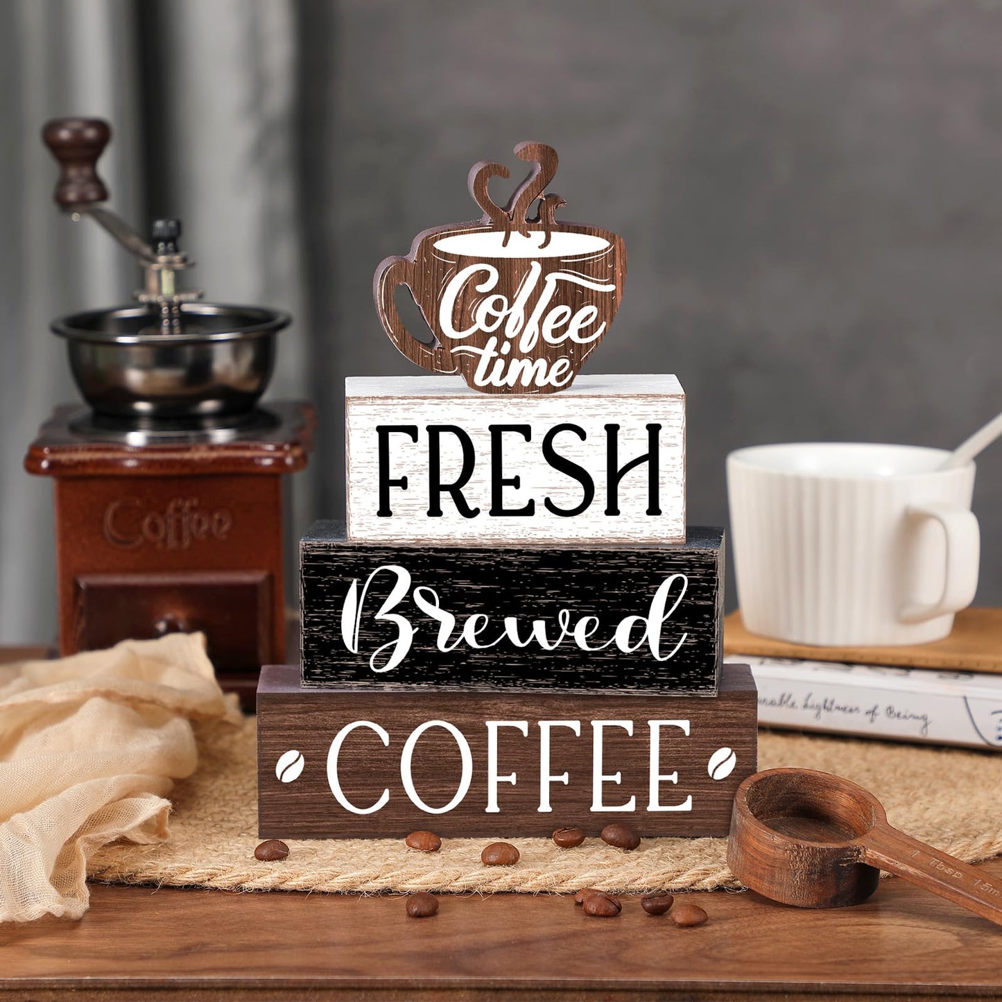 Cinnvoice Farmhouse Coffee Bar Accessories Decorations Rustic Coffee Wood Sign Cafe Table Centerpieces Rustic Cafe Bar Decorations for Home Kitchen Shelf Desk Tiered Tray Decor