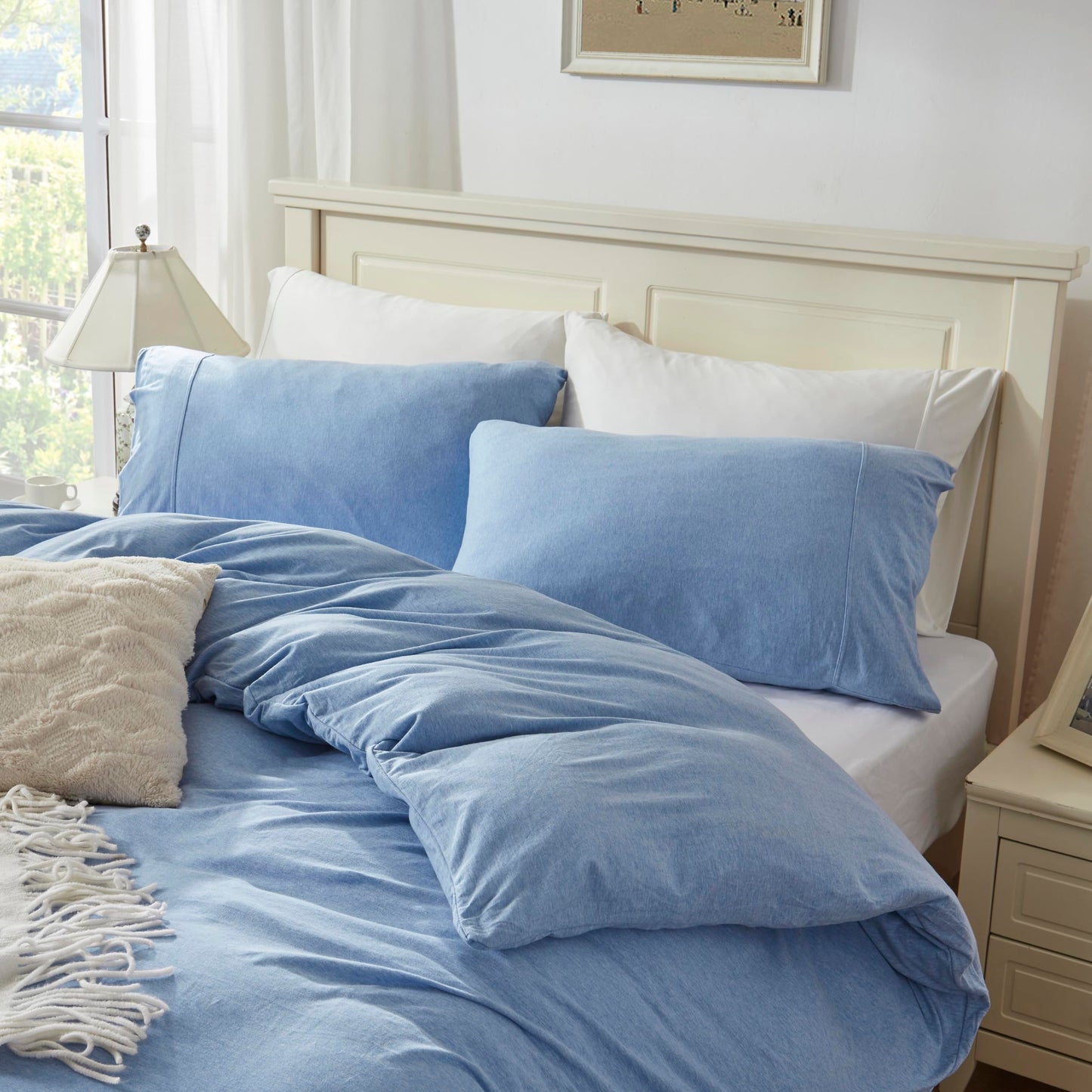 Household 100% Jersey Cotton Pillowcase 20”x36”-Light Weight, Comfortable, Super Soft Pillow Case with Envelope Closure Set of 2 (Beige Blue, King Size Pillowcase)