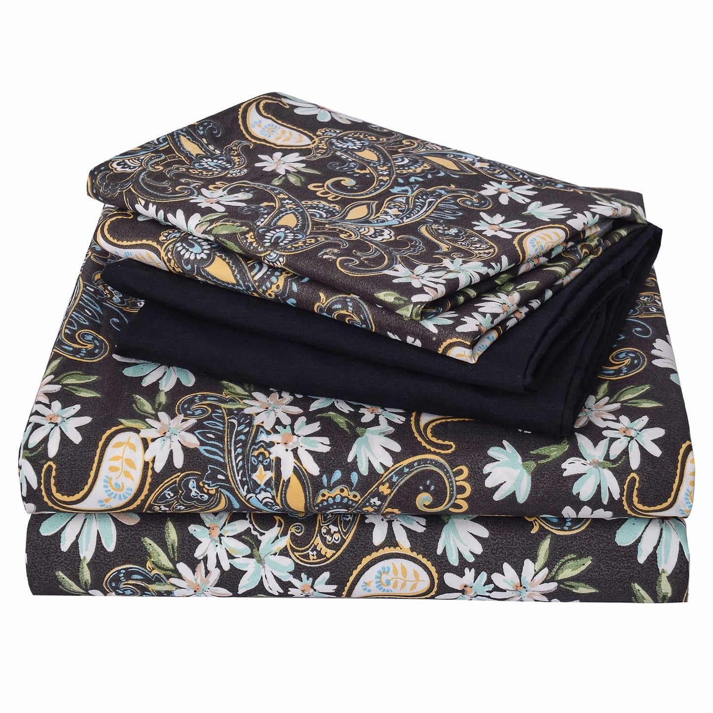 JSD Black Paisley Floral Sheet Set Queen Size 6 Piece, Printed Pattern Soft Microfiber Bed Sheets Extra Deep Pocket