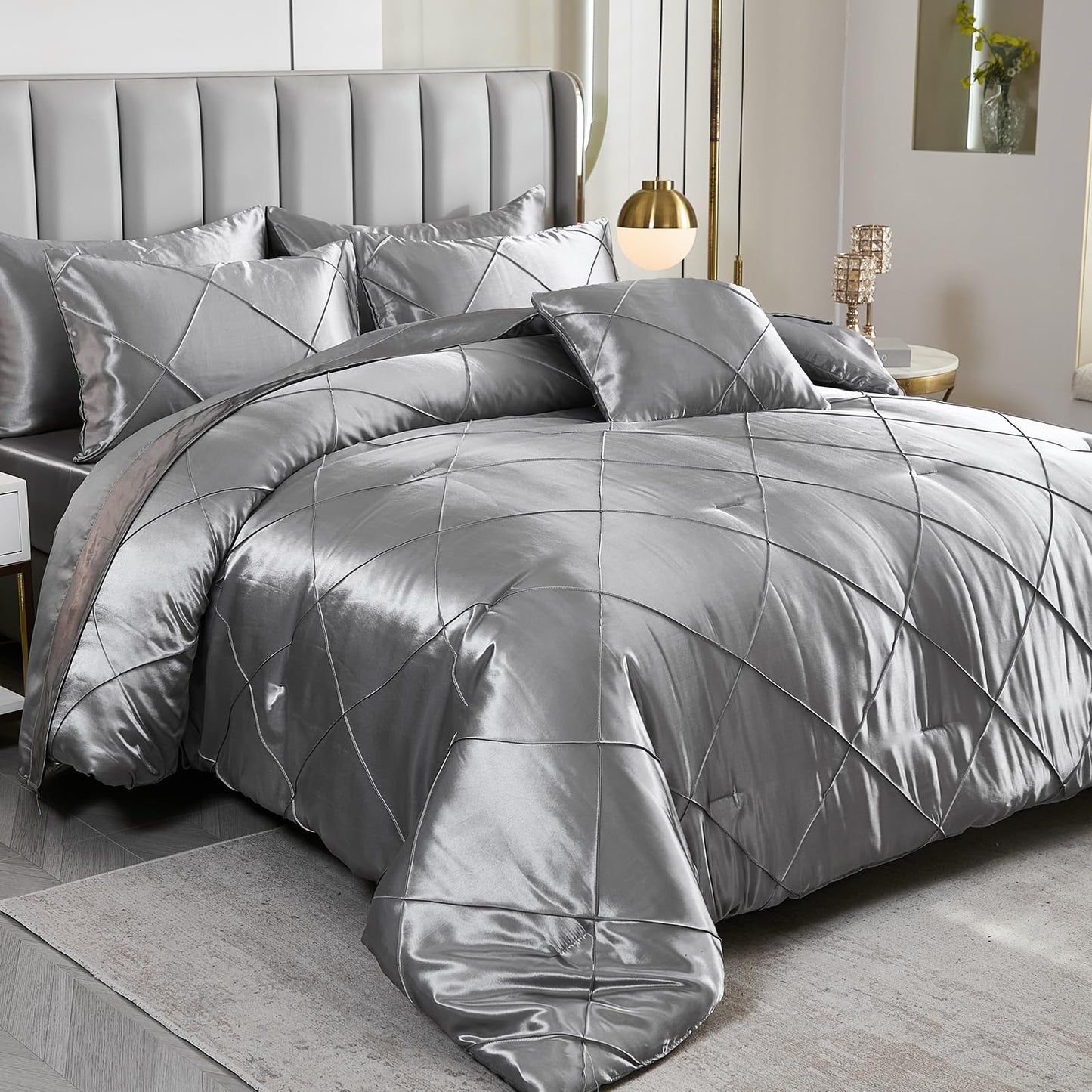 Bedbay Satin Comforter Set with Sheets,Silver Grey Bedding Comforter 8 Pieces,King Size Bed in a Bag Set,Luxury Down Alternative Comforter Satin Bed Set for All Seasons
