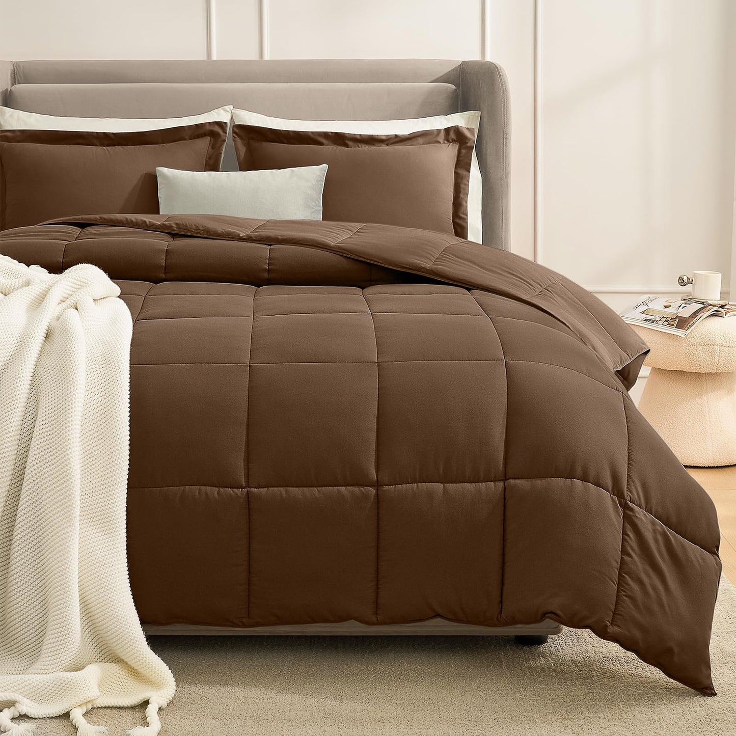 Homelike Moment King Size Comforter Set Brown, Lightweight Comforter Sets King Size Bed, Soft Down Alternative King Sets All Season 3 Pcs Bed Set, 1 Comforter 106”x90“+2 Shams 20“x36”