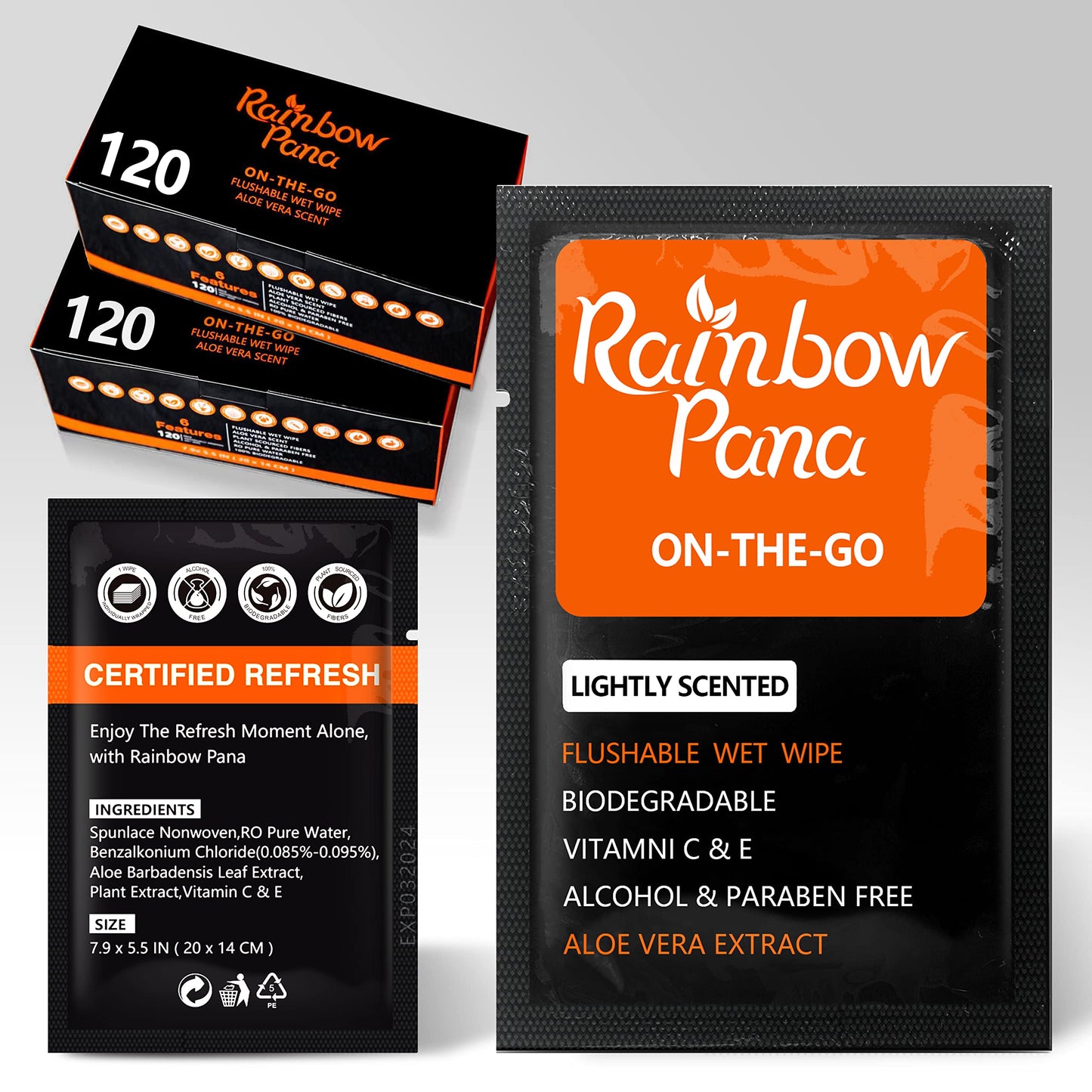 RainbowPana Flushable Wipes, 40 Count, ON-THE-GO Individually Wrapped - Butt Wipes for Women and Men, Travel Wipes for Family - Infused with Vitamin E and Natural Aloe, pH Balanced
