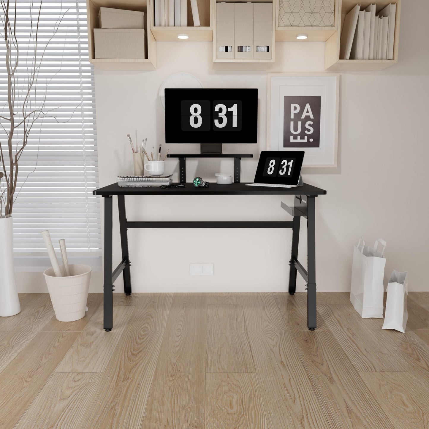 UPGRAVITY Height Adjustable Computer Desk - 47" Gaming Desk, Small Home Office Desk with Monitor Stand, Modern Simple Table Study Writing Work, Living Room Home Bedroom PC Table, Metal Frame, Black