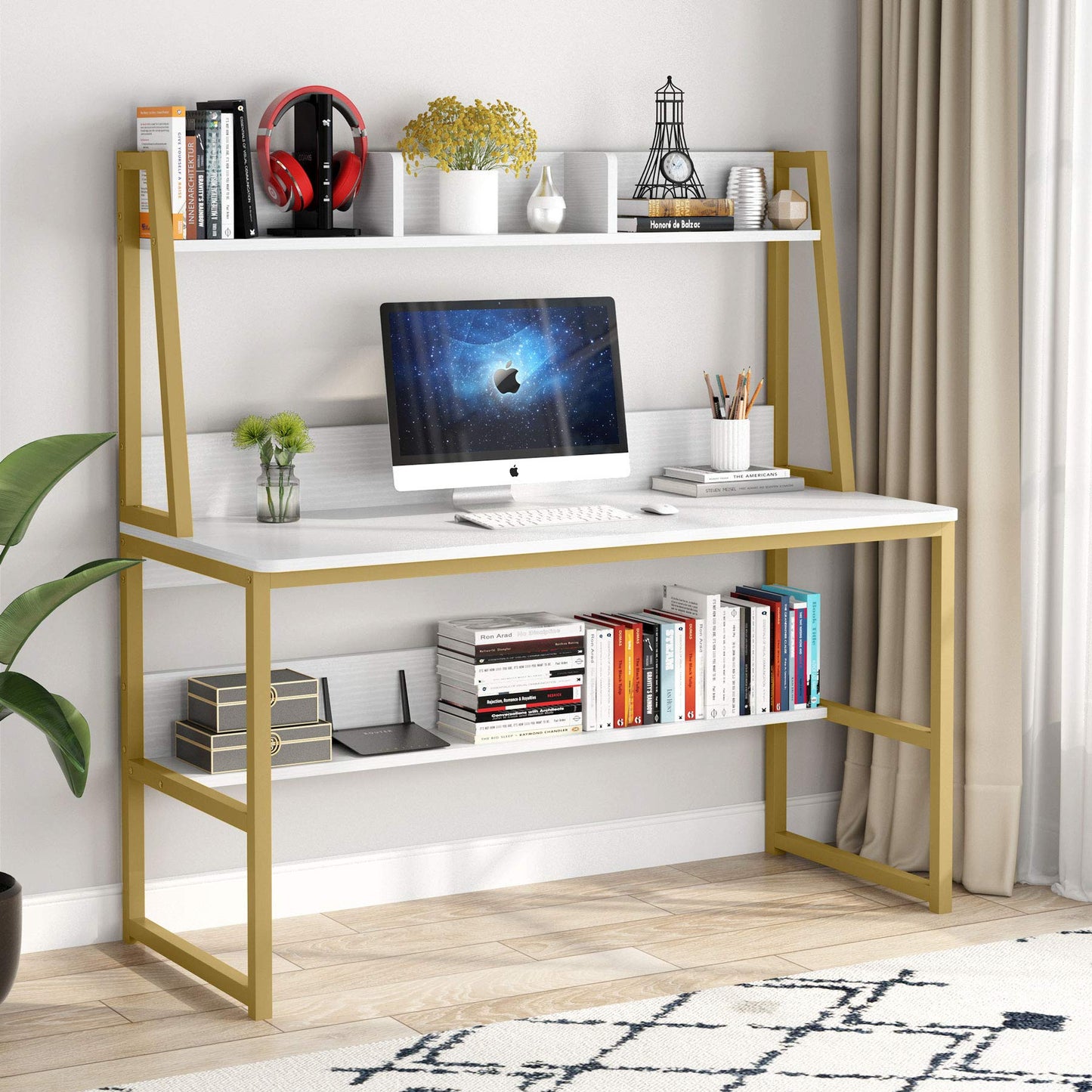 Tribesigns Computer Desk, 47 inch Office Desk with Hutch and Bookshelf, Modern Study Writing Table for Home Office (White)