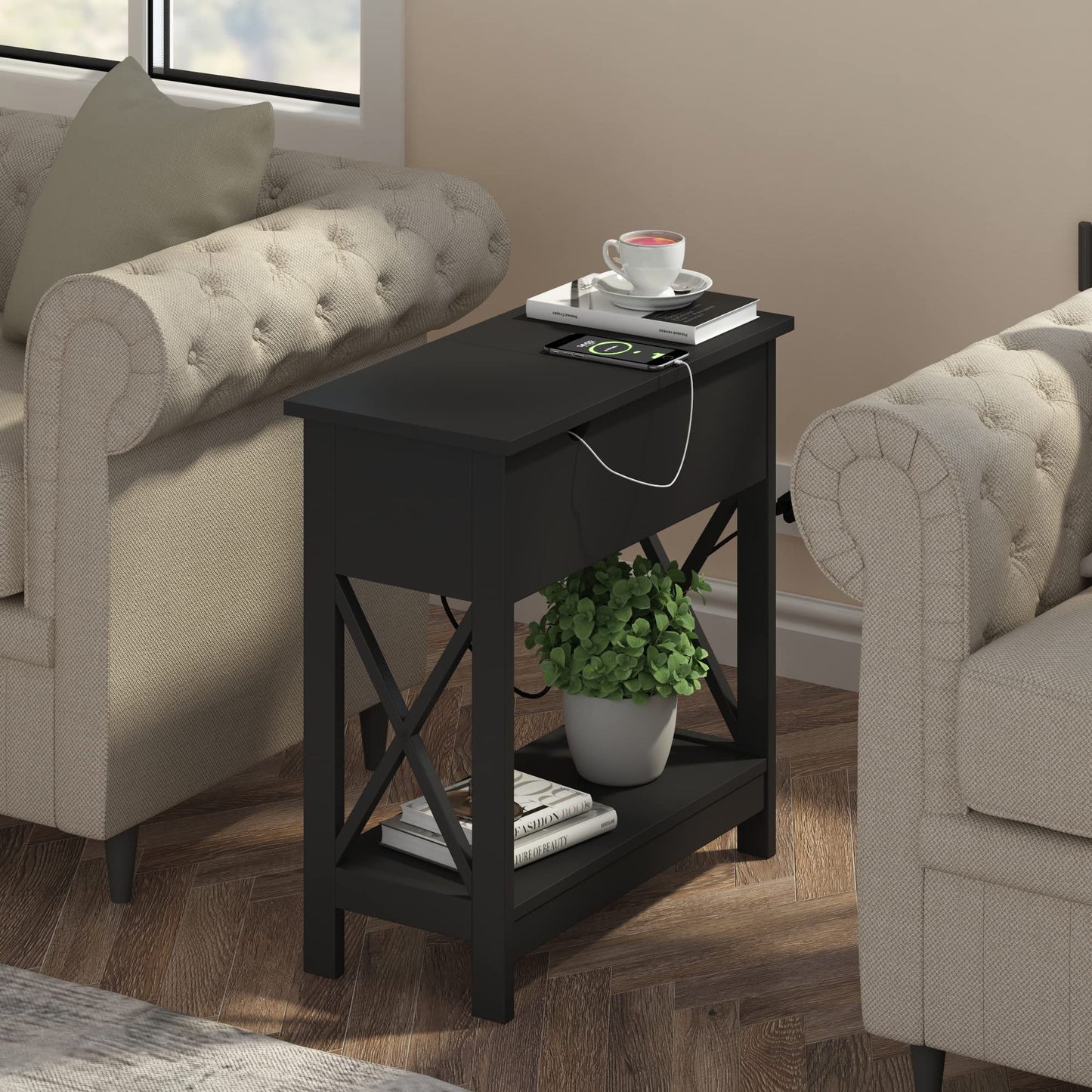 ChooChoo End Table with Charging Station, Narrow Flip Top Side Table with USB Ports & Power Outlets for Small Spaces, Bedside Table with Storage for Living Room, Bedroom, Black