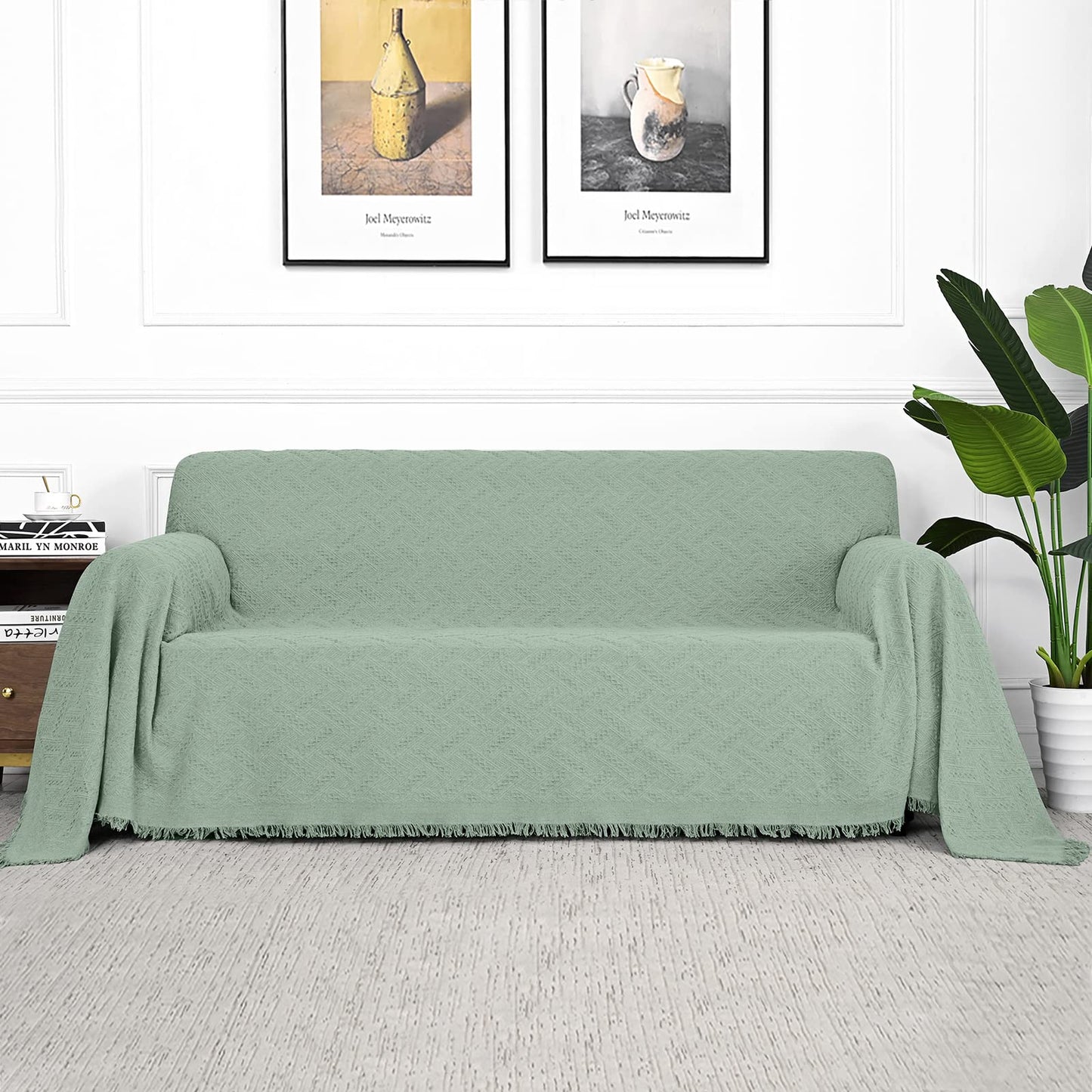 MYSKY HOME Cotton Sofa Cover Couch Cover, Geometrical Knitted Sofa Slipcovers, Woven Jacquard Washable Sectional Sofa Couch Covers for Dogs, Kids (Large, 71" x 102", Sage)